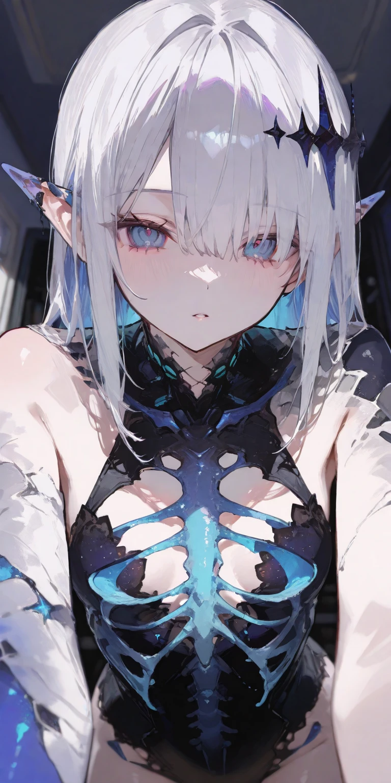 masterpiece, ((best quality)), (ultra-detailed), (illustration), an extremely delicate and beautiful girl, dynamic angle, chromatic aberration, ((colorful)),
//,from above,raise head,blue,upper body, close-up,face,face focus,
1girl,solo,Monster girl,(wearing Backless sweater,Tonka,torn legwear,)Vertebrae,Bones coming out of the body,Bone spur,Exposed rib,(many eyes),Countless tentacles,Eyeballs on tentacles,Eyeballs on the body,scale,hairband,blood eyes,black hair,(Dead skin,cold skin,white skin,grey skin,blue skin:1.1),Shiny skin,oil,big breast,Rotten Corpses,
forest,zombie pose, zombie_color,(grey skin:1.2),