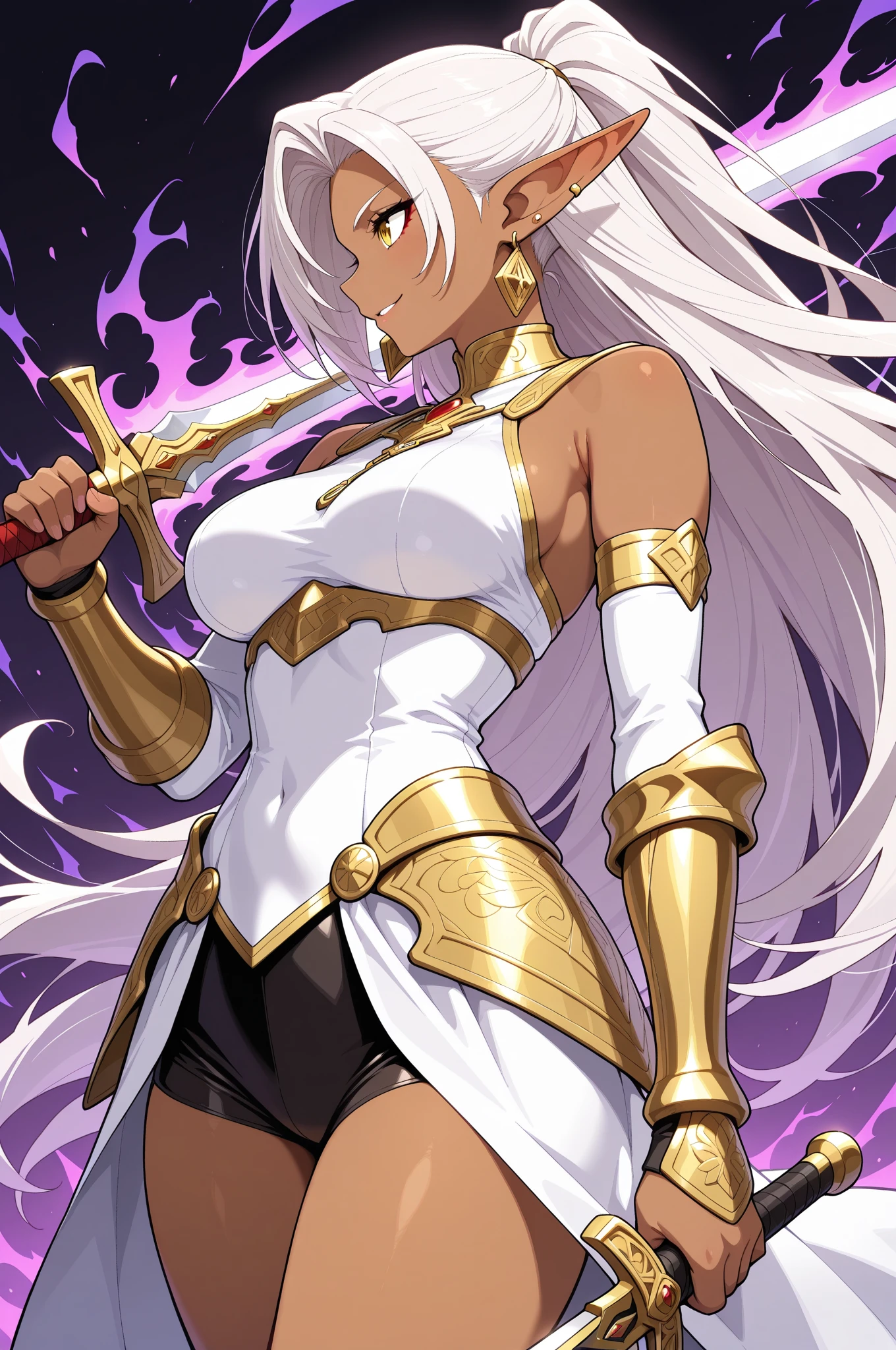 Black anime girl with long white hair in a white outfit, yellow eyes, with a sword, impatic genshin style