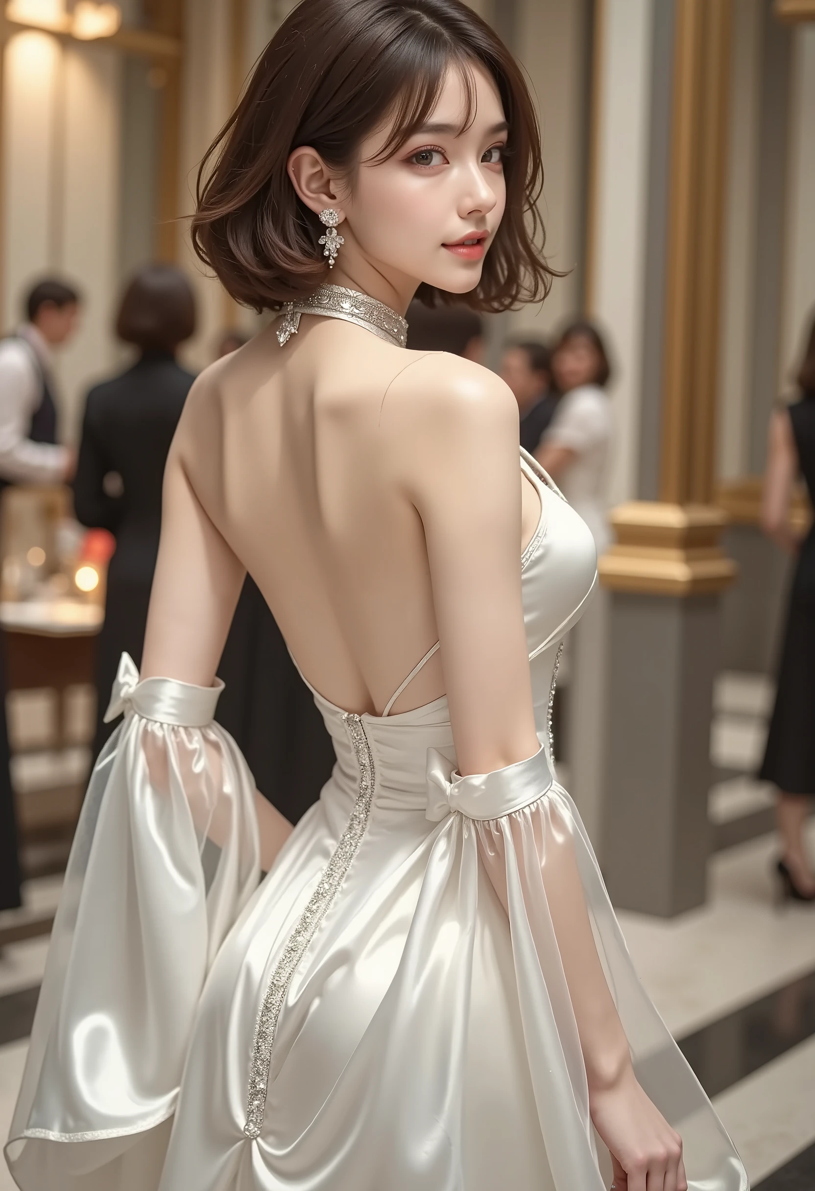 「An elegant woman in a sophisticated evening dress、Standing on a balcony overlooking the city skyline at sunset、My hair is fluttering in the wind。」

	1.	Satin (satin fabric)
	2.	Open back (backless)
	3.	Elegant hairstyle (elegant hairstyle)
	4.	Wavy Hair (wavy hair)
	5.	Before dawn (pre-dawn)
	6.	City Lights (city lights)
	7.	Buildings in the distance (distant skyscrapers)
	8.	Pale orange sky (soft orange sky)
	9.	High-rise apartment building (high-rise building)
	10.	Chandelier light (Chandelier Light)
	11.	Diamond Earrings (diamond earrings)
	12.	Sense of luxury (luxury)
	13.	Glass balcony (glass balcony)
	14.	Feminine silhouette (feminine silhouette)
	15.	Lean on the railing (leaning on the railing)
	16.	Calm expression (calm expression)
	17.	City night view (urban night view)
	18.	Dresses with slits (dress with a slit)
	19.	Skin Radiance (glowing skin)
	20.	Elegant appearance (graceful stance)