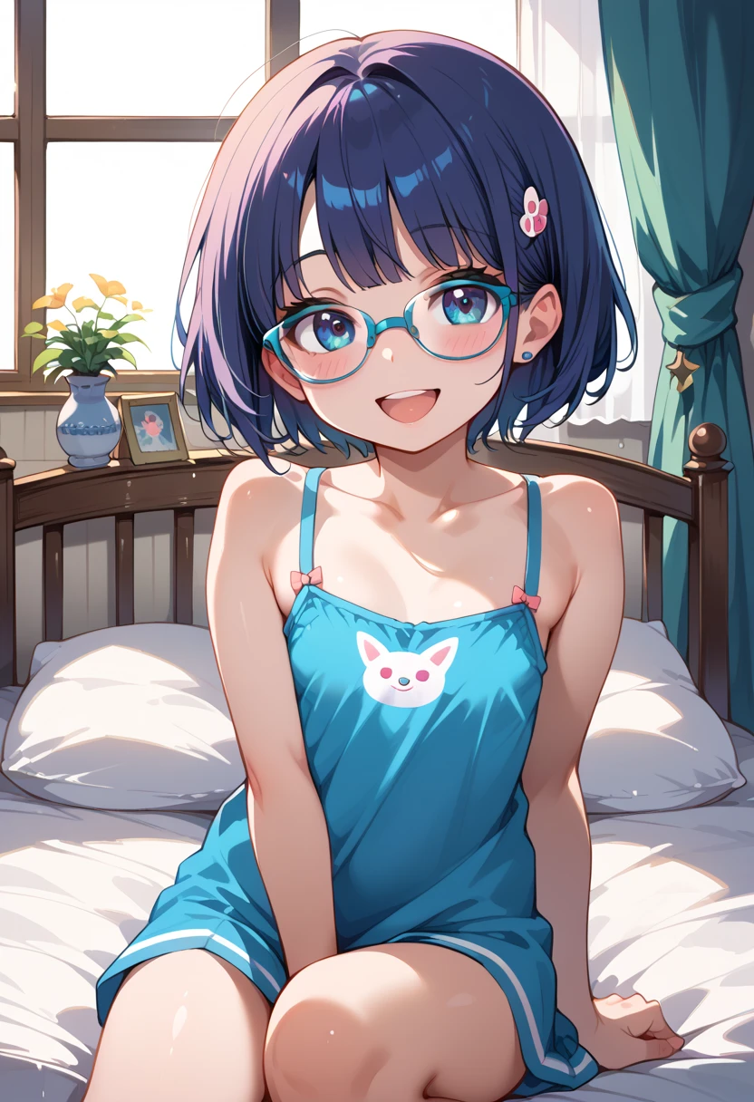 (masterpiece), (best quality), ((ultra-detailed)), (high resolution), (an extremely delicate and beautiful, super fine illustration), official art, BREAK (1girl), (:1.6), (tiny girl:1.6), (8yo)lat chest:1.4), Plump, (Thick thighs:1.8), (big ass:1.5), erect nipples, Huge areola, large nipples, (long nipples:1.4), erect nipples, oily skin, BREAK droopy eyes, emerald blue eyes, (bad mood:1.5), (clear face:1.5), (half closed eyes:1.4), BREAK (bob cut:1.3), tired hair, messy hair, Black hair color, girl wearing round black glasses, (Heart-shaped hairpin:1.4), BREAK [[open mouth]], (pajamas:1.3), (white socks:1.5), BREAK open legs, (female masturbation:1.4), vagina, BREAK (Sweat:1.3), steam, humid, BREAK (messy room:1.6), BREAK (dynamic angle:1.4),
