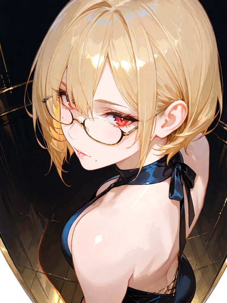 (1girl:1.3), Masterpiece, Best quality, amazing beauty, [[3D]], 4K, absurdres, finely detail, super detailed eye, perfect anatomy, official art, cinematic lighting, BREAK, Japanese-style room, silky bob cut, forehead, ahoge, blonde, super shiny detailed black eye, big eyes, tareme, sparkle(in the eyes), thin eyebrow, looking away, open-mouth, plump lips, Mascara, False eyelashes, pink lips, eyewear, Chuckling, BREAK , big breasts, tall, slender, pale skin, sweaty skin, shoot from side,, BREAK , leaning forward, (bare shoulders:1.2), (Cleavage is visible:1.2), BREAK,(kimono:1.3)