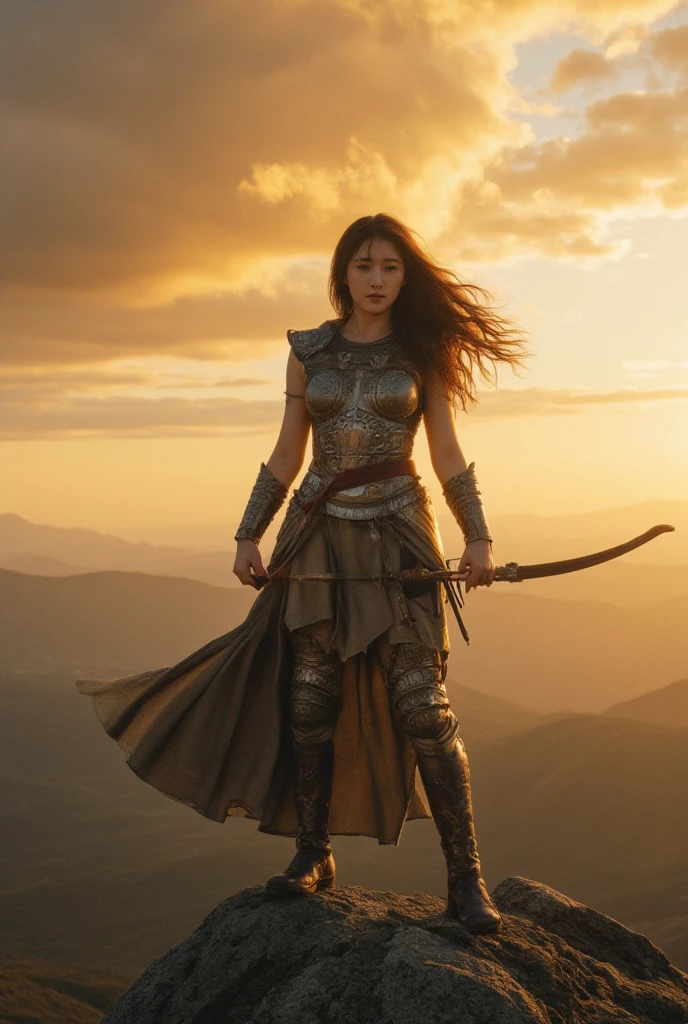 (masterpiece, high resolution, Greg Rutkowski style, best quality:1.2), Khutulun, Mongolian warrior princess, (traditional battle gear:1.2), hardened leather cuirass, fur-lined boots, honing wrestling techniques, (strong muscular physique:1.1), endless expanse of Mongolian plains, gusts of wind stirring dust, late sunset, (sky transitioning from oranges to deep purples:1.2), realistic style, intense, mid-action shot.