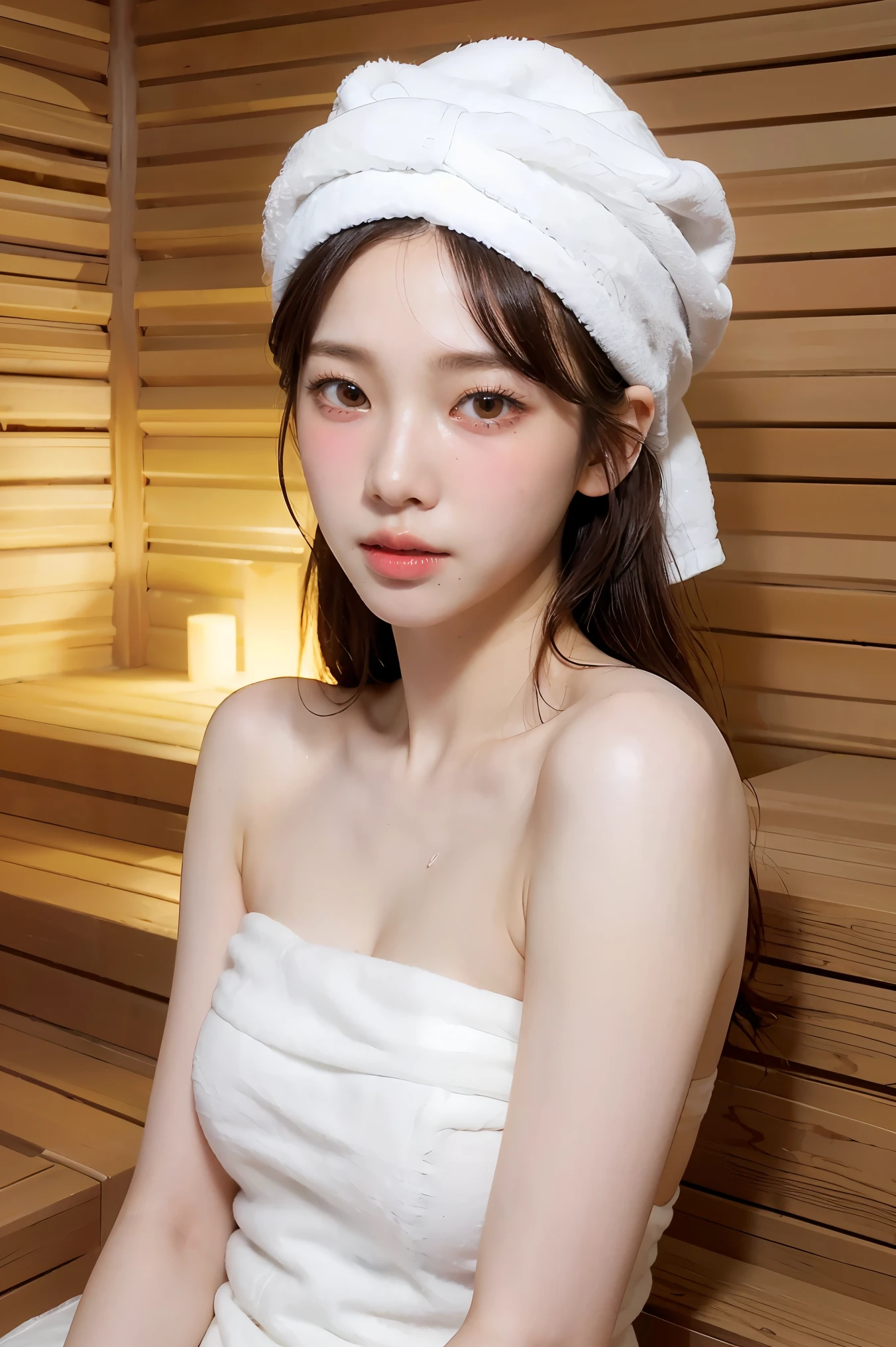 1Girl, Solo, (Masterpiece, Best Quality, 8K,,Photorealistic, real girl, mulberry:1.37), looking up at viewer, 1 dainty Japan, Slender body type: 1.1, Small breasts, Sitting, sauna, Double eyelids, Droopy Eyes, A dark-haired, (Sweaty face, Sweaty body: 1.2): 0.2, (White Oversized Towel Dress, strapless), (small in size, White Towel Turban: 1.1),, realistic body, makeups, Gloss slip, focus on face, smaller face, Sharp focus, Layered Cut, facing the viewer, The sauna has the following.., shot from the front