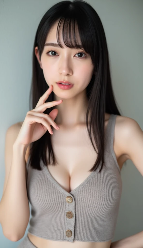 Film Portrait Photography, One girl, Bare shoulders, Black long hair, Calm, (Realistic eyes, Natural skin texture, Realistic facial details), Soft and dramatic lighting, Depth of written boundary, Bokeh, Vivid details, In detail, Surreal, 35mm Film, Absent-minded, movie, bedroom in the background,