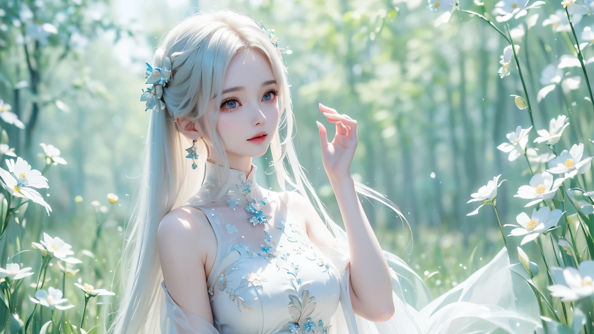 ((waist up))((masterpiece:1.5、8k、 portraits、フォトリアリスティックでvery well detailedなCG、very well detailed、Particle Effects、dynamic effects、writing boundary depth、 cinematic light 、lens flare on the back、ray tracing、table top to pinch、realistic:1.4、ultra high resolution:1.2、realistic、realistic))((alone、,woman in turtleneck dress:1.4、model with a modest body line:、side bust、plump breasts、detailed face、 bright表情、 young, bright, Whiter skin、Great looks、ultimate beauty、Sparkling highlights for grey hair:1.8、 bright and shiny hair,、Super Long, smooth, straight hair、fluttering hair in meadow))(Wonderful transparent flower々 、white background、 amazing background 、Thin petals fluttering down)