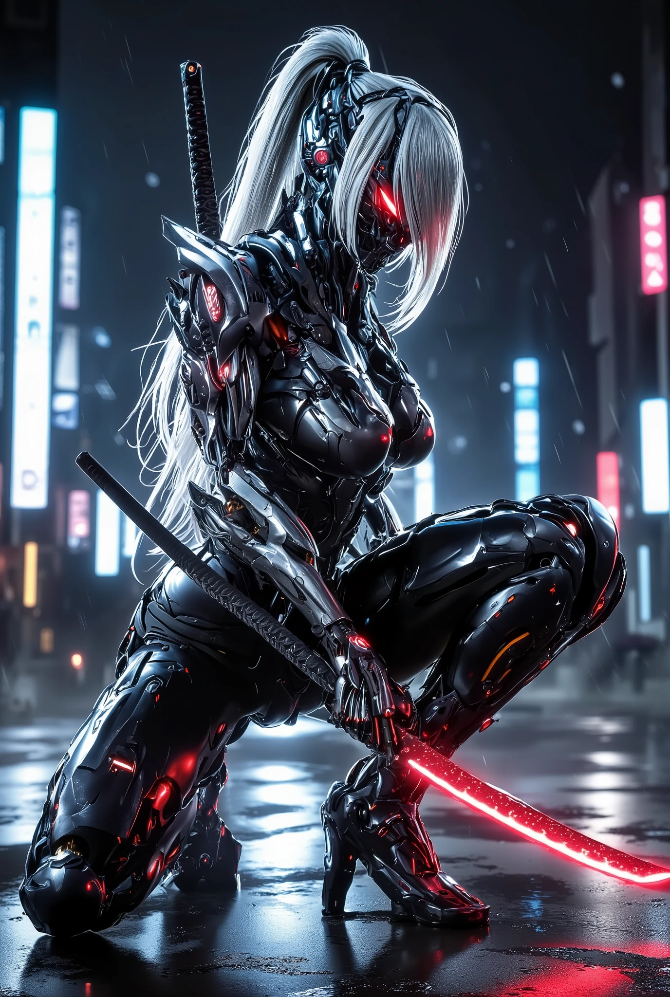 Create an image of a futuristic cybernetic female warrior with long, flowing white hair and glowing red eyes. Big breasts, slim waist, big butts, Beautiful face. The character is crouching on a rain-soaked rooftop in a neon-lit cityscape, holding a katana with a glowing red blade. The character have kneeling position on one leg, holding a sword in one hand and the sword stuck in the ground. The atmosphere is dark and moody, with rain falling and reflecting the lights of the city. The cyborg warrior have sleek, high-tech metal body with intricate details and mechanical enhancements visible. Emphasize a sense of stealth and power in the pose, capturing the essence of a skilled combatant ready to spring into action.