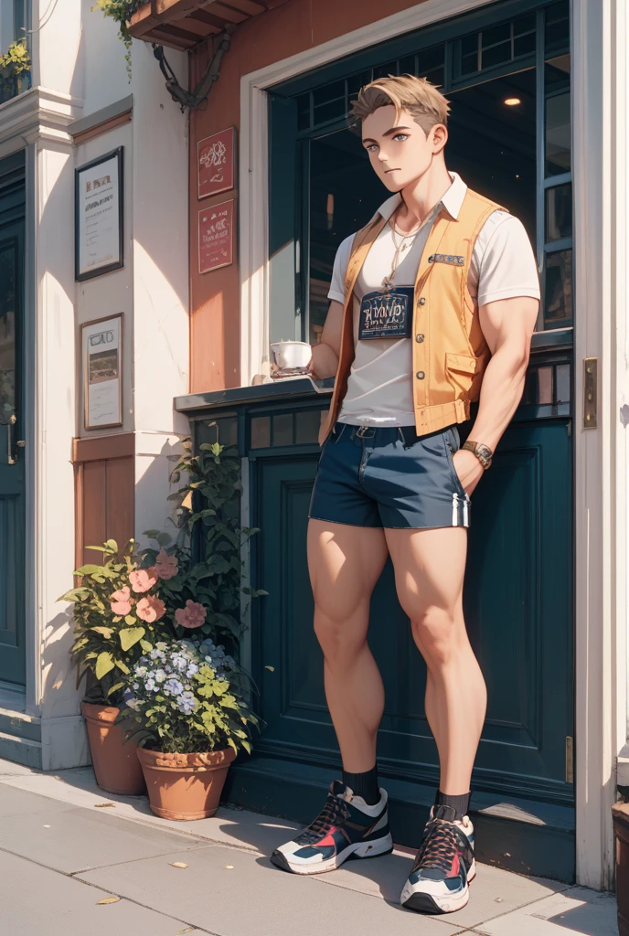最high quality、best image quality、masterpiece、male((20-year-old、 By becoming、wide open breast tea、輝くeye, blonde、shortcut、Wristband、stubble、muscular、eye、sunglasses、full body tattoo、smile、holding beer bottles、barテンダーの衣装)),high quality、beautiful art、background((Tokyo,bar))、Flight、debris flies、Depth of written boundary、movie、visual art、perfect art、8k,genuine、