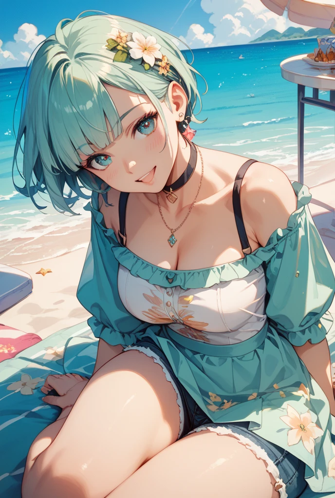(Masterpiece, BestQuality:1.3), (ultra detailed:1.2), (hyperrealistic:1.3), (RAW photo:1.2), High detail RAW color photo, professional photograph, (Photorealistic:1.4), (realistic:1.4), (Pink Hair:1.5), professional lighting, perfect anatomy, (Big Breasts:1.2), (blush, detailed face), (A happy smile:1.7), sexly, erotic sexly, Random sexy gravure poses, (at the beach bar、A woman in a green chiffon dress leans against the counter。Background is a beach bar、Accessories: large earrings。:1.3)