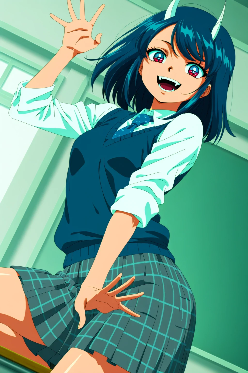 (1girl:1.5),
masterpiece,highest quality,Super detailed,32K,High resolution,an extremely delicate and beautiful,Official Art,Perfect ,
(Contrasting colors,octane rendering,Fully painted,anime coloring,anime screencap,Cel-shaded anime,retro artstyle:1.25),
perfect face,ultradeTailed eyes,beautiful,sexy,supermodel,athletic body,shiny skin,Dramatic light,(scale to fit the dimensions:1.2),
ruri_aoki, blue hair, blue eyes, multicolored eyes, gradient eyes, swept bangs, medium hair, dragon girl, dragon horns,
school uniform, blue sweater vest, white collared shirt, grey skirt, plaid skirt, pleated skirt, blue necktie, sleeves rolled up,
horns,skirt,solo,necktie,shirt,dark blue hair,white shirt,collared shirt,fangs,vest,plaid,red eyes,
joyful,classroom,day,open mouth,smile,dynamic pose,dynamic angle,