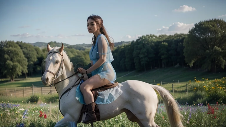 A girl with blue angel wings, riding an ostrich on the steppe, mouth open, sunlight shining on her face, eyes looking straight ahead, hair studded with chrysanthemums, skin as white as peeled eggs, short hair long black braids, with large, seductive breasts. Wearing an earthy orange short skirt, wearing a blue mesh bra, posing, surrounded by a vast prairie and grazing horses.