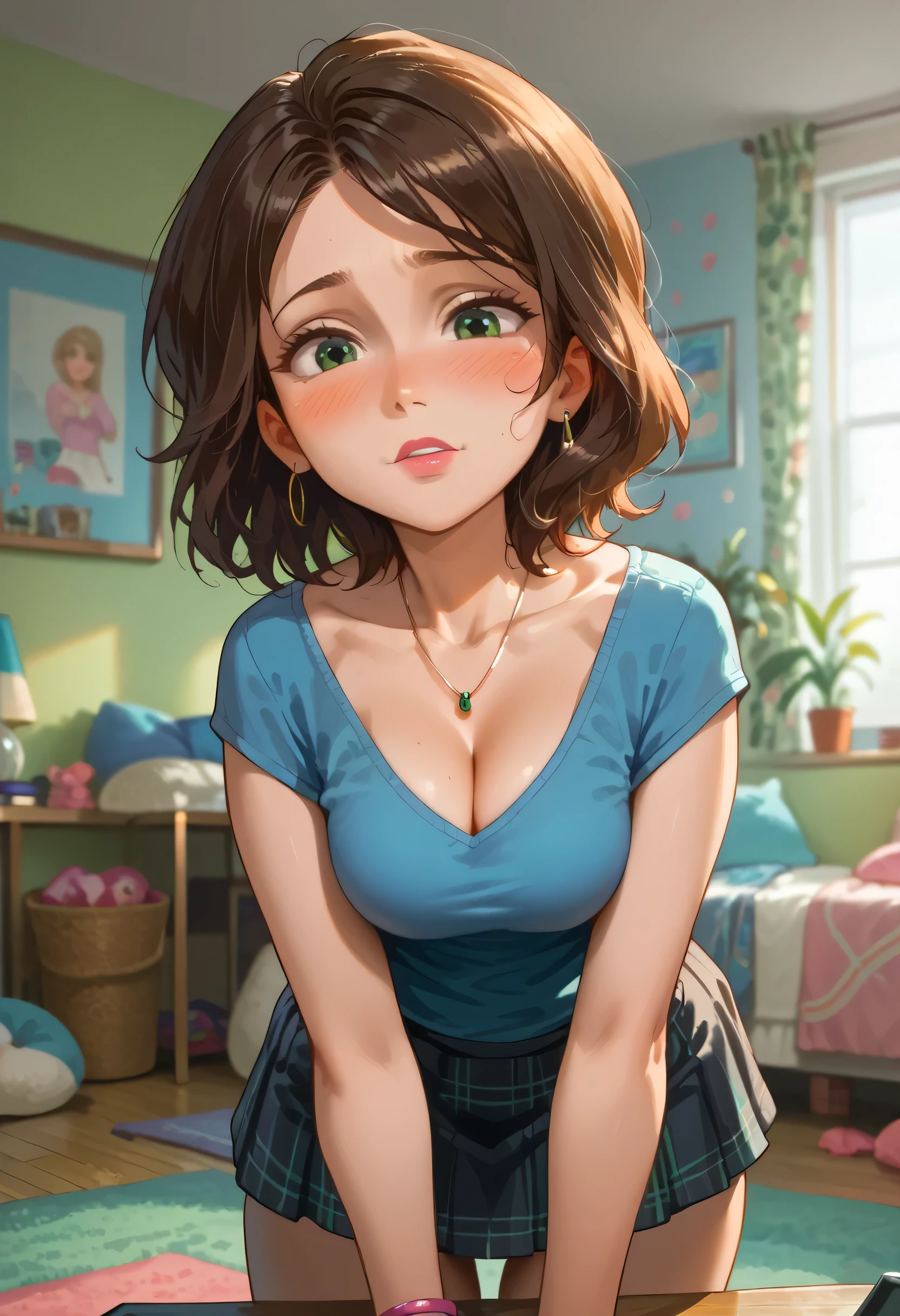 Aunt Cass from the movie Big Hero 6, 1 girl, 35 year old woman, looking at the viewer, short hair, Brown hair,green t-shirt, his shirt is transparent (It is noticeable that she is wearing a black bra under her shirt.) very big breasts, belly button, jewelry, unbuttoned jeans, pants down, You can see her sexy black panties, deep neckline, happy, POV from above his head., POV I lower his pants, about the dining room, pov my right hand touching his chest.