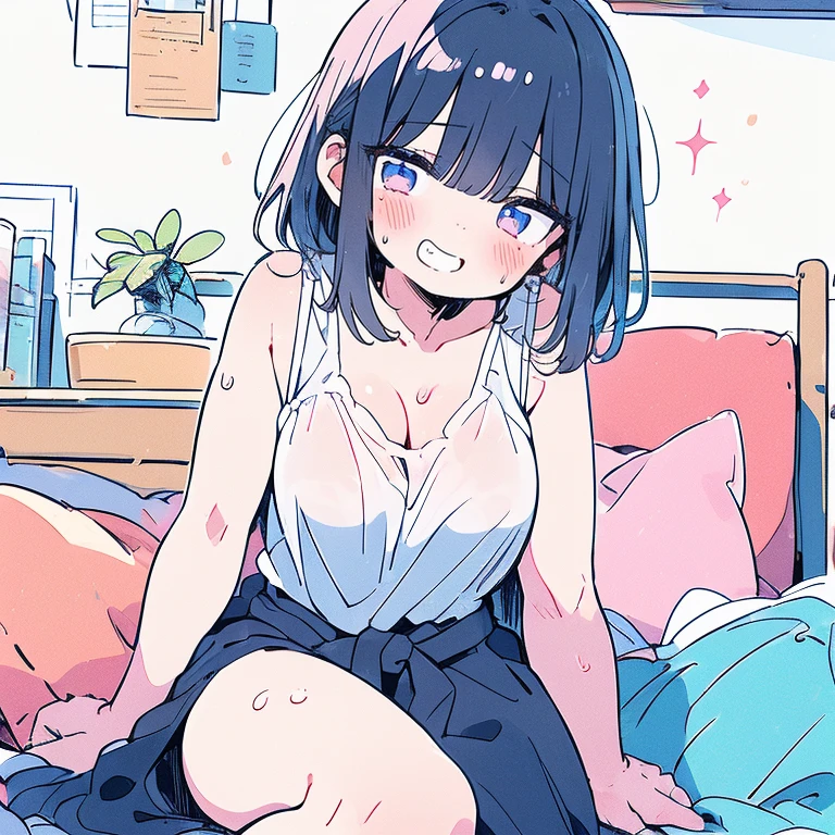 Highest quality,Ultra-wide angle composition、 Women Sweaty face cute short hair boyish My hair is wet with sweat Pink sigh I took off my pants Mascot Panties Cunnilingus condom woman on top Riding on a man's stomach Sit on lap