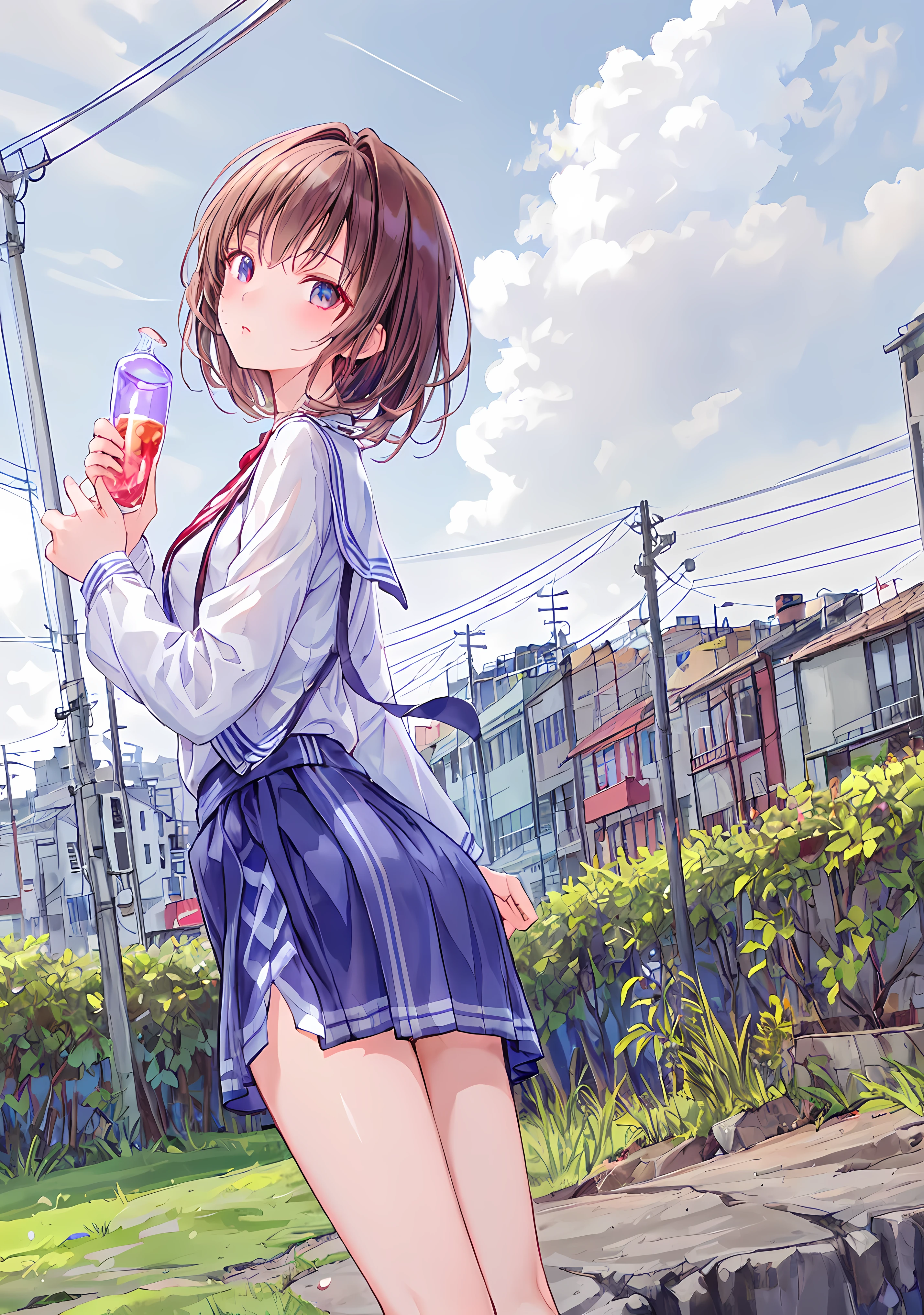 Photo Real, Young girl, High detail, high quality, masterpiece, (Small breasts)), at school, Ultra-short , One Girl, anime、Hold a condom in your mouth、A defiant smile、Lifting her skirt, a dark alley、Sit on the air conditioner&#39;s outdoor unit