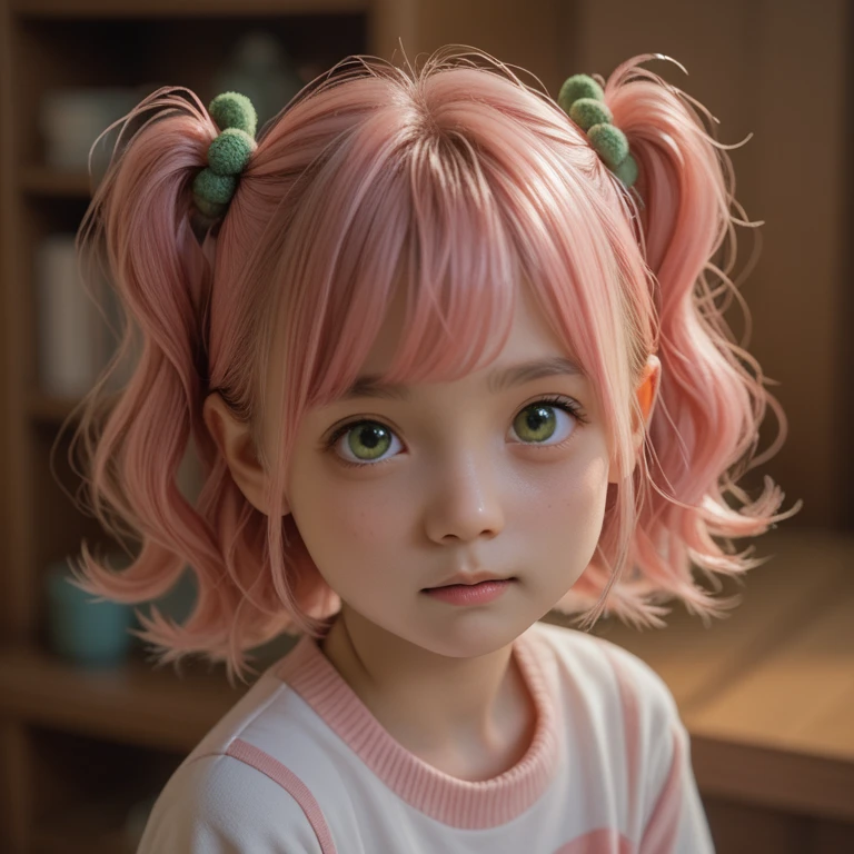 A adorable cute little girl, pale skin, smooth pale skin, skin tune pink, cute face, orange hair, ponytail hair, super detailed, 8k