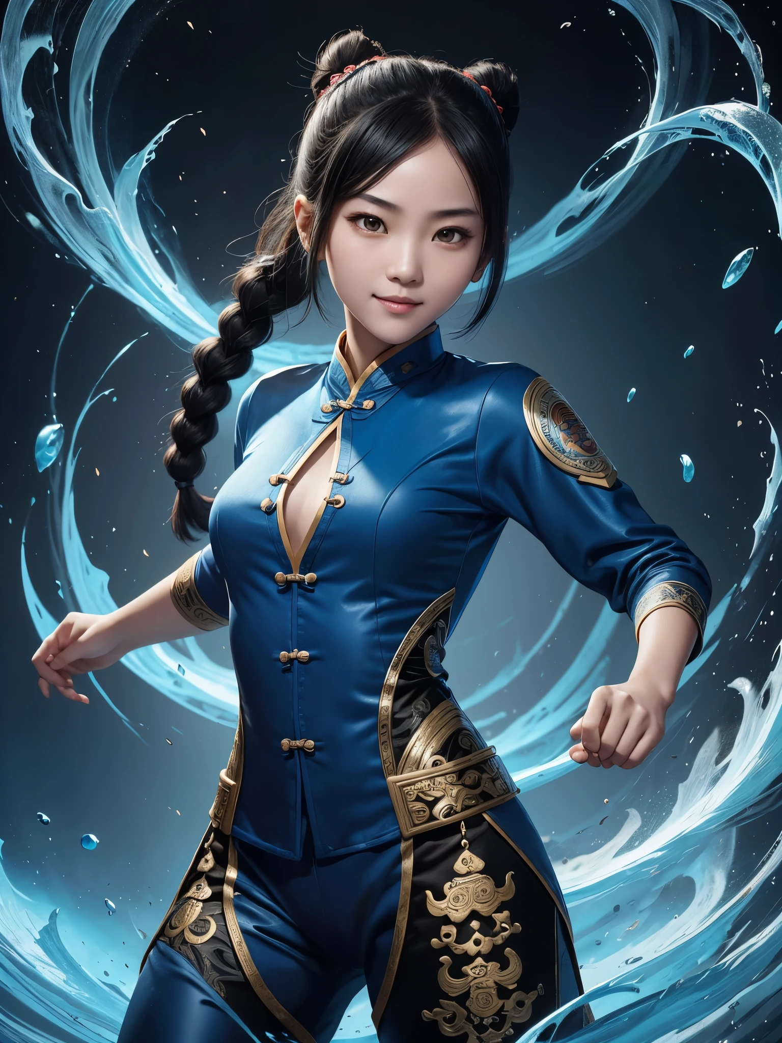 girl. Beautiful age girl. Beautiful chinese tribe girl. White skin. Rookie martial artist. Kungfu girl. Black hair. Blue sexy kungfu suit no pants. Flat chest. Blue kungfu temple. Beautiful face. Standing pose. Kung fu logo on the wall. Smile.