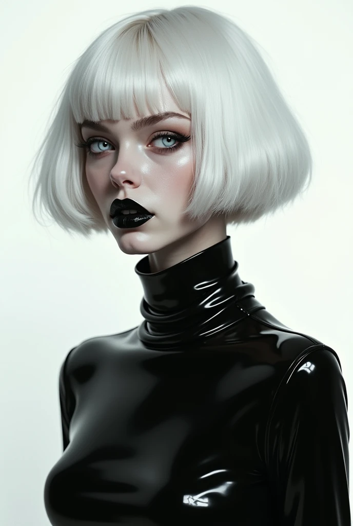 bs, solo, simple background, monochrome, upper body, greyscale, bodysuit, black background, 1other, monster, arms at sides, horror (theme), a girl, her jaw is broken, blooded
