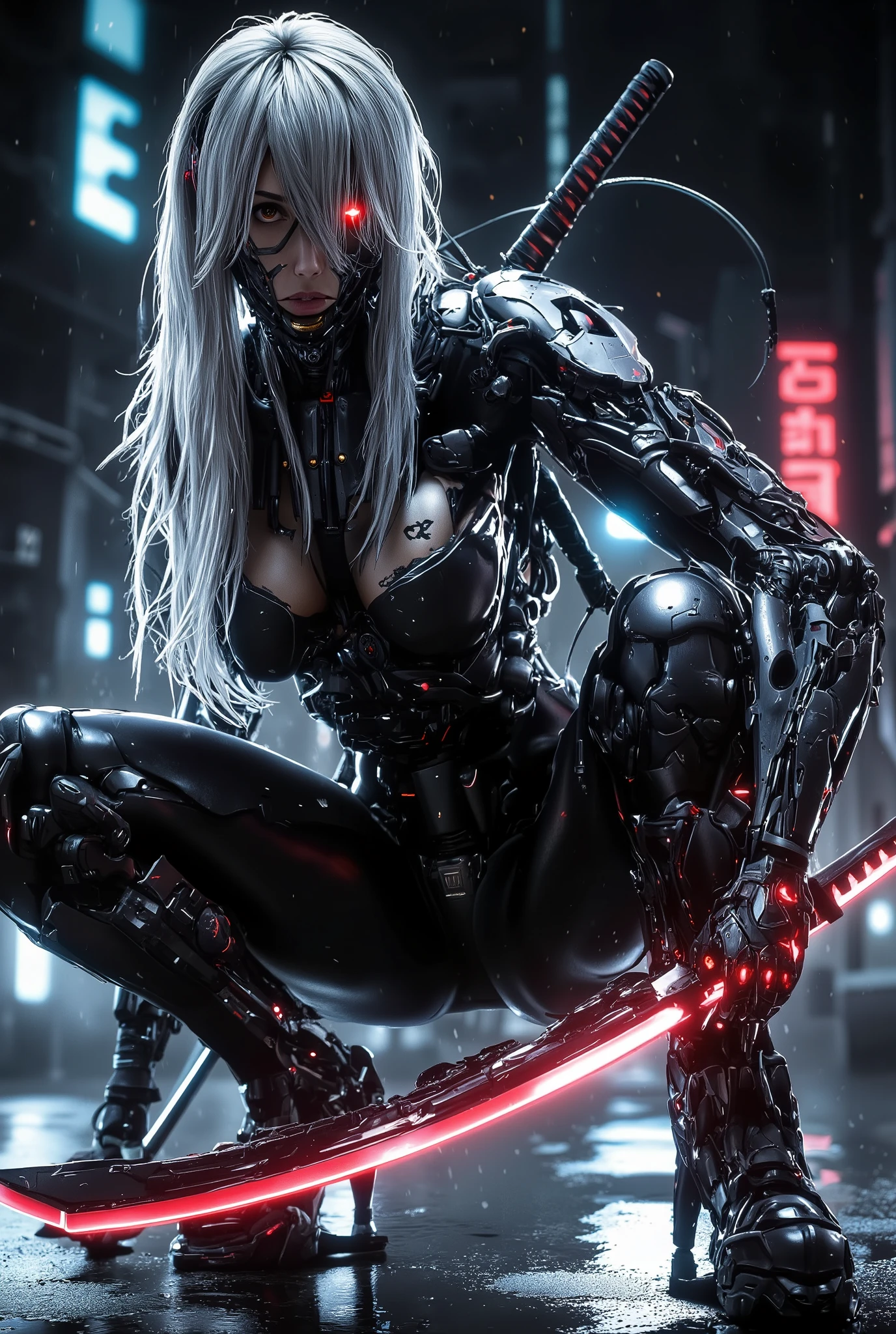 Create an image of a futuristic cybernetic female warrior with long, flowing white hair and glowing red eyes. Big breasts, slim waist, big butts, Beautiful face. The character is crouching on a rain-soaked rooftop in a neon-lit cityscape, holding a katana with a glowing red blade. The atmosphere is dark and moody, with rain falling and reflecting the lights of the city. The warrior is wearing sleek, high-tech armor, with intricate details and mechanical enhancements visible. Emphasize a sense of stealth and power in the pose, capturing the essence of a skilled combatant ready to spring into action.