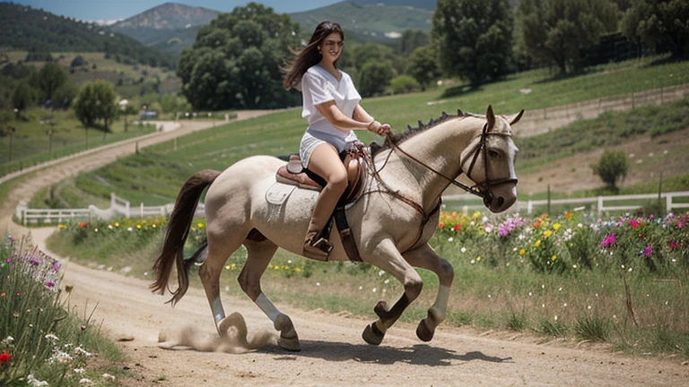 Young girl 19 years old, sits on a white horse topless with a passionate smile