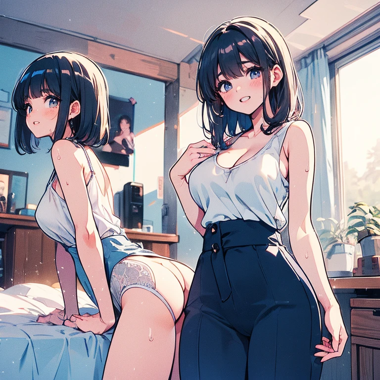 Underwear, No jacket, Cute bra, Falling on the bed, Showing off your crotch, Hands on your crotch, Clear liquid leaking from your crotch, Cute underwear, Long bangs, Dim warehouse, Smiling girl, , Big breasts, Black hair pigtails, Patsun, Black hair, Gloomy, Glasses, Chubby,, Red cheeks, Ecstasy,