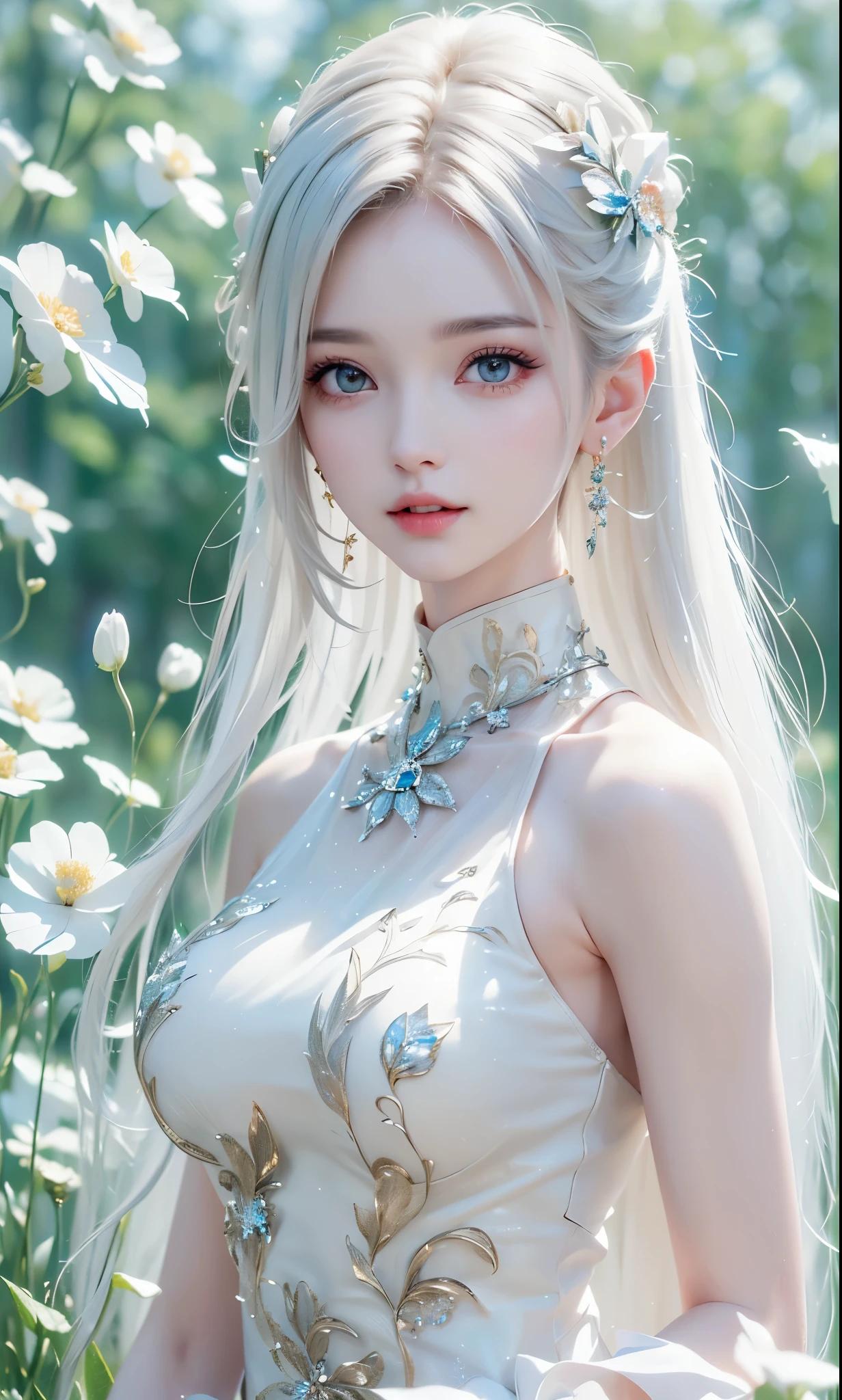 ((waist up))((masterpiece:1.5、8k、 portraits、フォトリアリスティックでvery well detailedなCG、very well detailed、Particle Effects、dynamic effects、writing boundary depth、 cinematic light 、lens flare on the back、ray tracing、table top to pinch、realistic:1.4、ultra high resolution:1.2、realistic、realistic))((alone、,woman in turtleneck dress:1.4、model with a modest body line:、side bust、plump breasts、detailed face、 bright表情、 young, bright, Whiter skin、Great looks、ultimate beauty、Sparkling highlights for grey hair:1.8、 bright and shiny hair,、Super Long, smooth, straight hair、fluttering hair in meadow))(Wonderful transparent flower々 、white background、 amazing background 、Thin petals fluttering down)