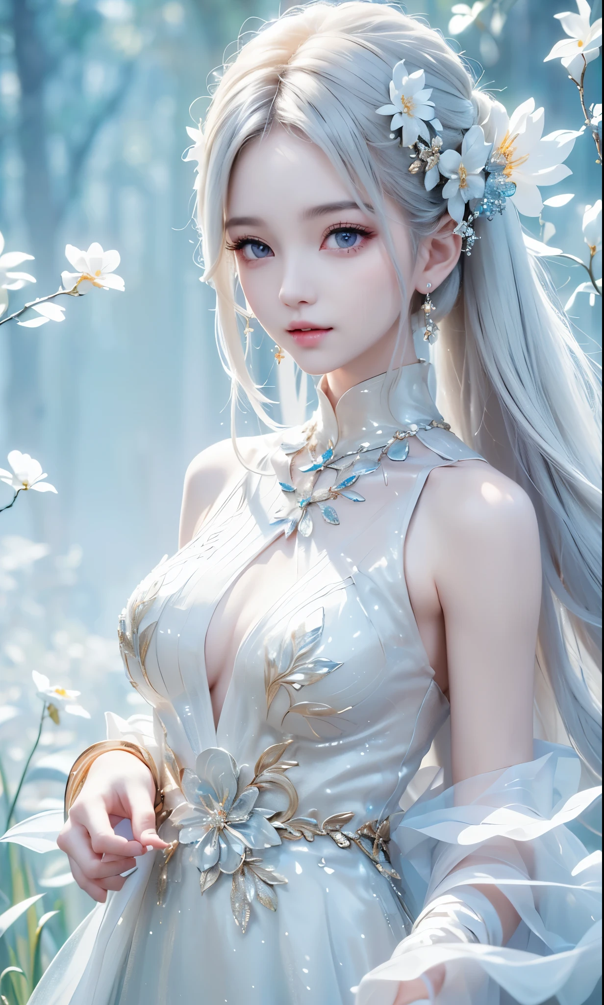 ((upper body))((masterpiece:1.5、8k、 Portrait、フォトリアリスティックでvery detailed with bubblesなCG、very detailed with bubbles、Particle Effects、dynamic effects、 write the depth of the border 、 cinematic light 、lens flare on the back、ray tracing、pinches the tabletop、realistic:1.4、ultra high resolution:1.2、realistic、realistic))((alone、,woman in turtleneck dress:1.4、Modest body line model:、side bust、plump chest、detailed face、 bright表情、 young, bright, Whiter skin、Looks great、ultimate beauty、Sparkling Highlights for Grey Hair:1.8、 bright and shiny hair,、Super Long, smooth, straight hair 、Fluttering hair on the prairie))(Wonderful transparent flower々 、white background、 Amazing background 、Thin petals fluttering down)