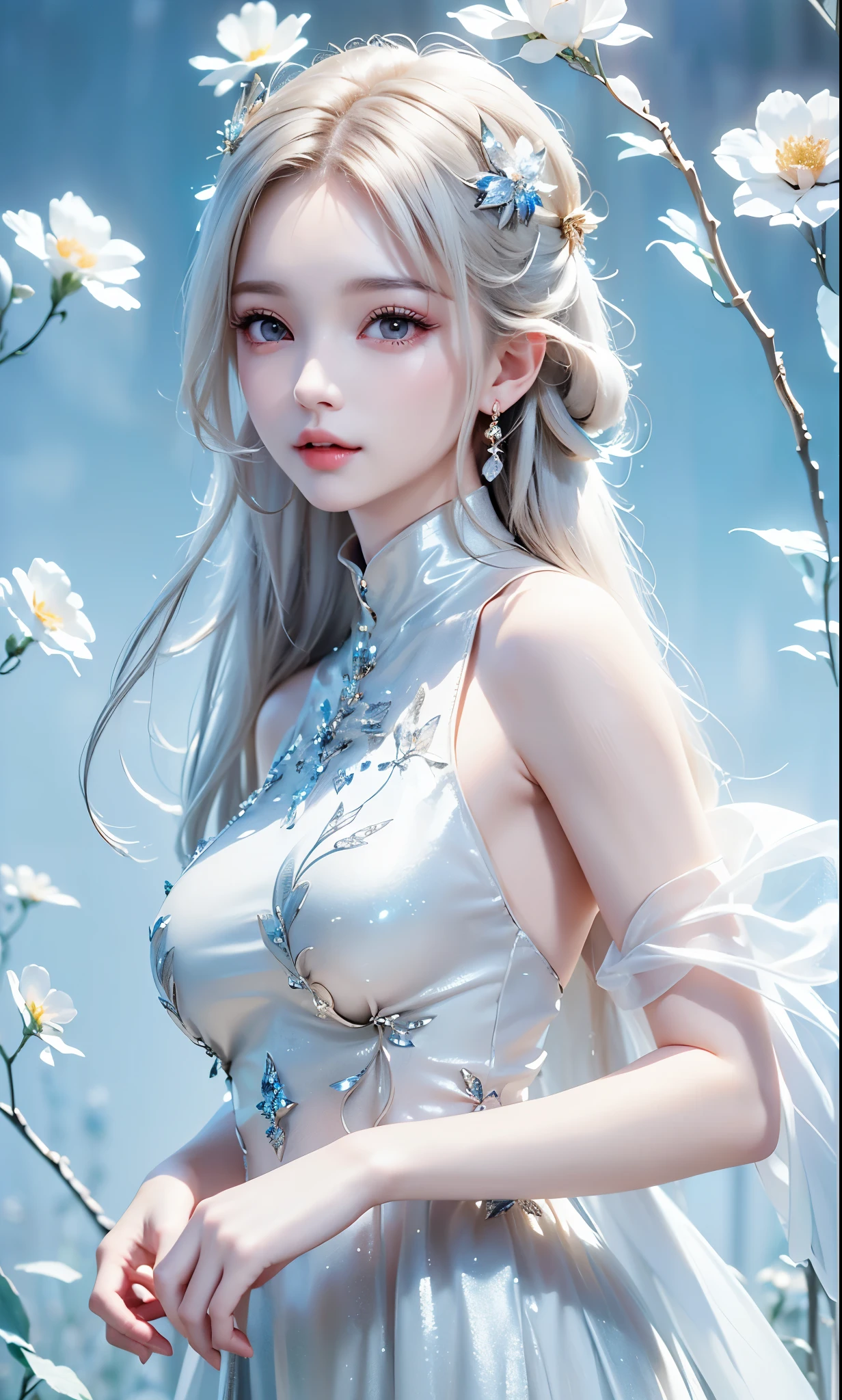 ((waist up))((masterpiece:1.5、8k、 portraits、フォトリアリスティックでvery well detailedなCG、very well detailed、Particle Effects、dynamic effects、writing boundary depth、 cinematic light 、lens flare on the back、ray tracing、table top to pinch、realistic:1.4、ultra high resolution:1.2、realistic、realistic))((alone、,woman in turtleneck dress:1.4、model with a modest body line:、side bust、plump breasts、detailed face、 bright表情、 young, bright, Whiter skin、Great looks、ultimate beauty、Sparkling highlights for grey hair:1.8、 bright and shiny hair,、Super Long, smooth, straight hair、fluttering hair in meadow))(Wonderful transparent flower々 、white background、 amazing background 、Thin petals fluttering down)