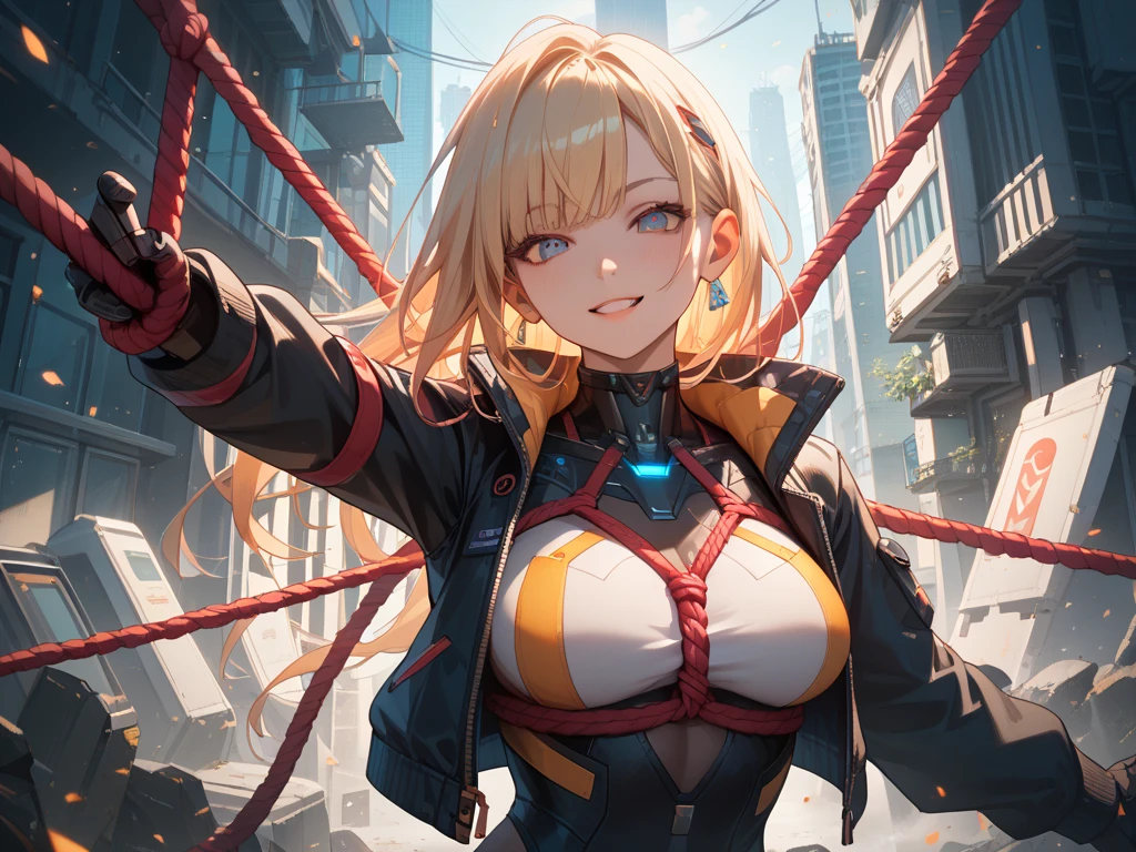 masterpiece, best quality, (good hands), 1girl, superhero, solo, bare legs, (matching boots), (matching gloves), blue eyes, blonde hair, city backdrop, cowboy shot