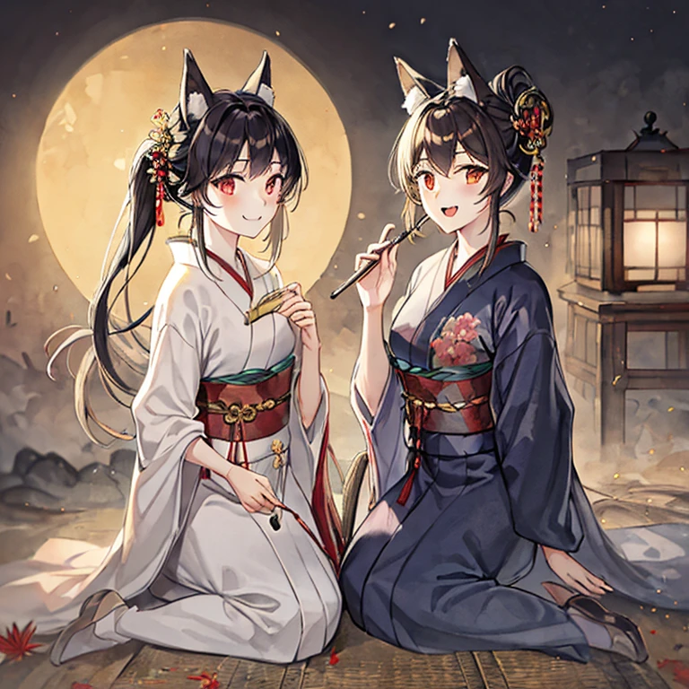 Fox-Eared Beauty, kimono,暗めのRed bean kimono,Gray Hair,long slit eyes,Red bean kimono,aldult,bust up,icon style,Makes the whole thing blurry,It's like it was foggy,fan,long hair,hairpin,kimono with a color between purple and brown,big fox ears,Fluffy tail,髪飾りはhairpinだけ,holding a pipe in one hand,bare their teeth, belligerent expression on the fist,Red Moon,Miscanthus suki is taller than one side,Filter with pale light,Illuminated by moonlight,belligerent smile,Golden light up,The background is a golden miscanthus field,large canine teeth,watercolor,oil, pencil drawing,I can see facial expressions clearly,from the waist up,Women are close