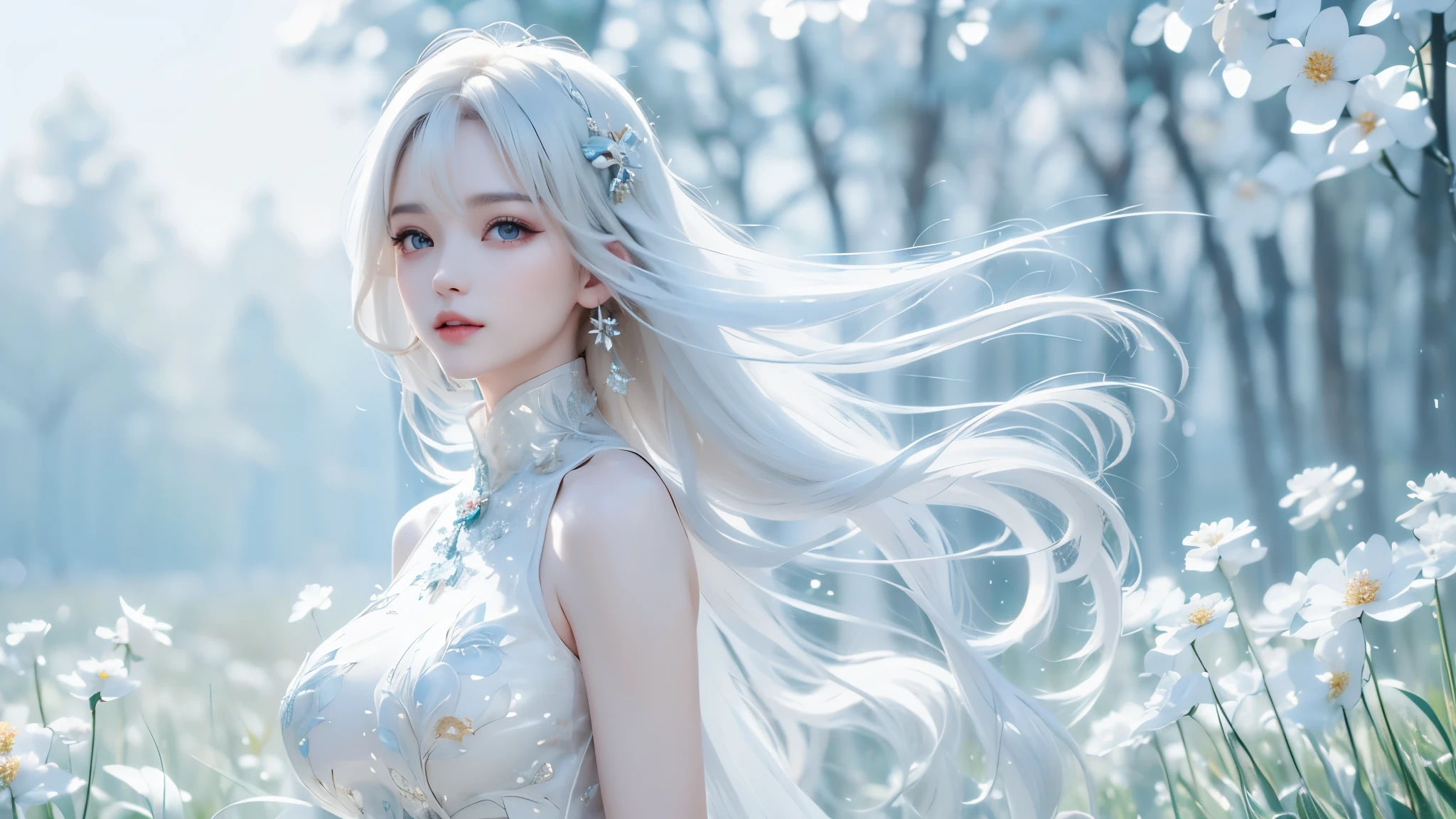 white theme. ((masterpiece:1.5、8k、 portraits、フォトリアリスティックでvery well detailedなCG、very well detailed、Particle Effects、dynamic effects、writing boundary depth、 cinematic light 、lens flare on the back、ray tracing、table top to pinch、realistic:1.4、ultra high resolution:1.2、realistic、realistic))((alone、,woman in turtleneck dress:1.4、model with a modest body line:、side bust、plump breasts、detailed face、 bright表情、 young, bright, Whiter skin、Great looks、ultimate beauty、Sparkling highlights for grey hair:1.8、 bright and shiny hair,、Super Long, smooth, straight hair、fluttering hair in meadow))(Wonderful transparent flower々 、white background、 amazing background 、Thin petals fluttering down)