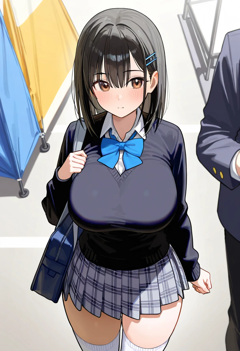 masterpiece, highest quality, High resolution, morning, short hair, black hair, blue eyes, Glasses, school uniform, yellow neckerchief, collared shirt, sweater vest, (Blue Vest:1.2), short sleeve, armband, plaid skirt, gray skirt, indoor, sitting, smile, open your mouth, waving,(big tits:1.4),slender,(thin waist:1.4), nose blush, heart-shaped pupils, frustrated,clothed