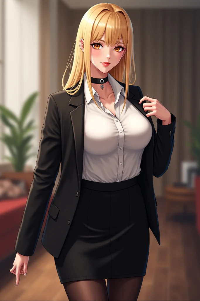 (masterpiece, highres, best quality:1.2), 8K, highly detailed, intricate, colorful, vibrant image, sharp focus, cinematic) blonde hair, long hair, green eyes, body builder (Wearing black business outfit, black_collared shirt cropped jacket ,tie,necktie,black frilled skirt, garter straps, leather waist belt) (big perfect round breasts,hourglass body, thin waist,very thin waist, Photo realistic,(hyperrealistic:1)beautiful, masterpiece, best quality, extremely detailed face,perfect face,beautiful face, perfect lighting,detailed eye makeup, detail face, nice detailed eyes,nice hands, perfect hands,glowing eyes (realistic pupils,realistic iris:1) heavy eye makeup,(empty Casino)(Posing dynamically)
