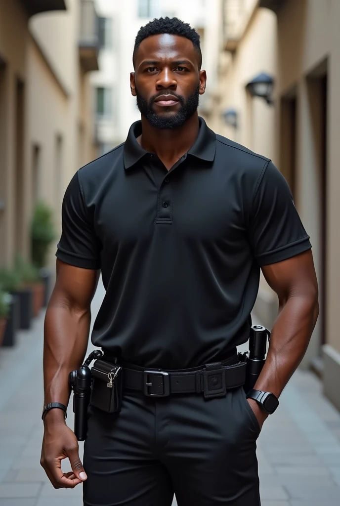 Draw a kenyan man called Roba who's age is 21 is a big bodybuilder.Draw him in security bodyguard uniform on a t-shirt written Delta Security Team