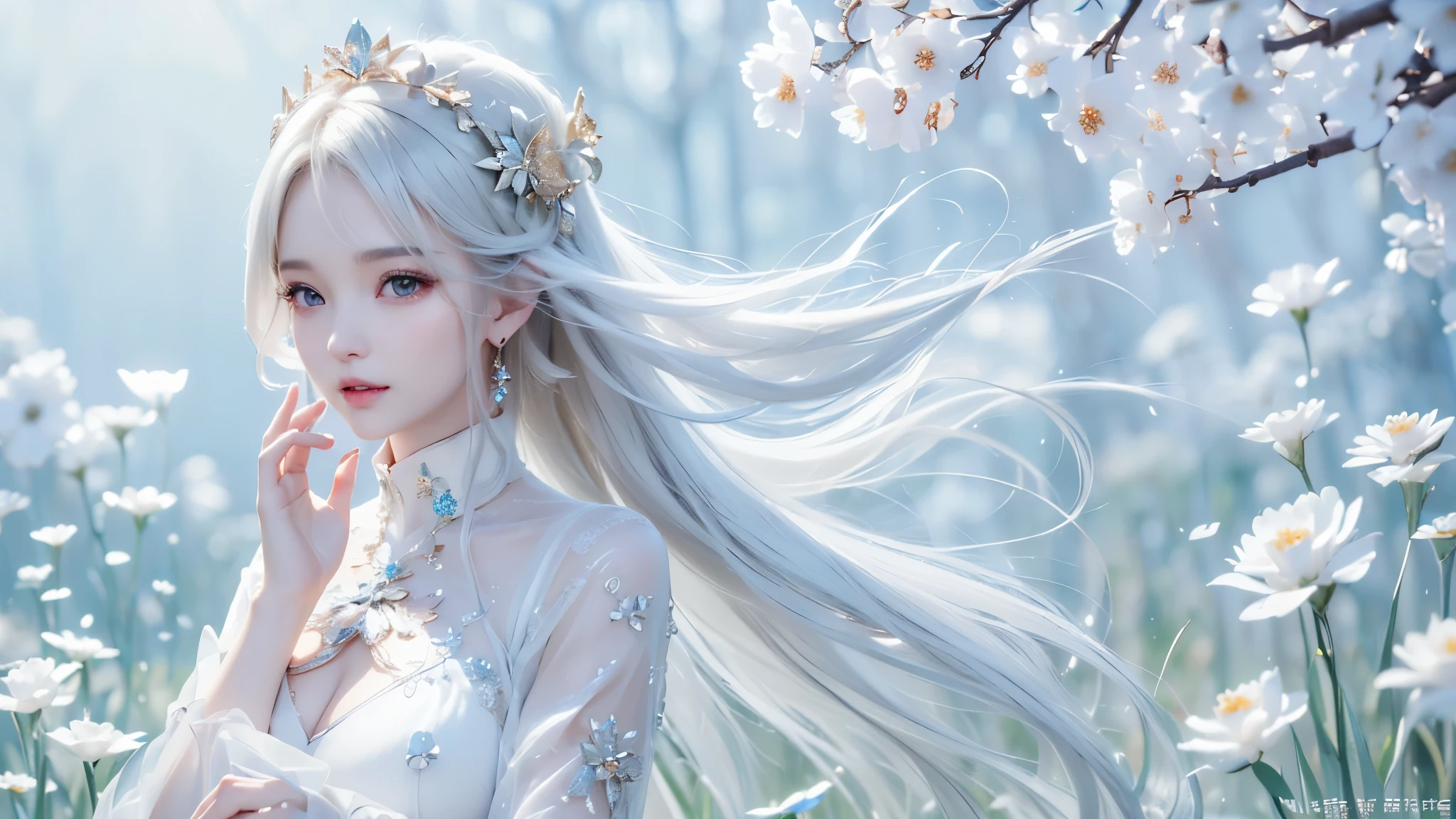 white theme. ((masterpiece:1.5、8k、 portraits、フォトリアリスティックでvery well detailedなCG、very well detailed、Particle Effects、dynamic effects、writing boundary depth、 cinematic light 、lens flare on the back、ray tracing、table top to pinch、realistic:1.4、ultra high resolution:1.2、realistic、realistic))((alone、,woman in turtleneck dress:1.4、model with a modest body line:、side bust、plump breasts、detailed face、 bright表情、 young, bright, Whiter skin、Great looks、ultimate beauty、Sparkling highlights for grey hair:1.8、 bright and shiny hair,、Super Long, smooth, straight hair、fluttering hair in meadow))(Wonderful transparent flower々 、white background、 amazing background 、Thin petals fluttering down)