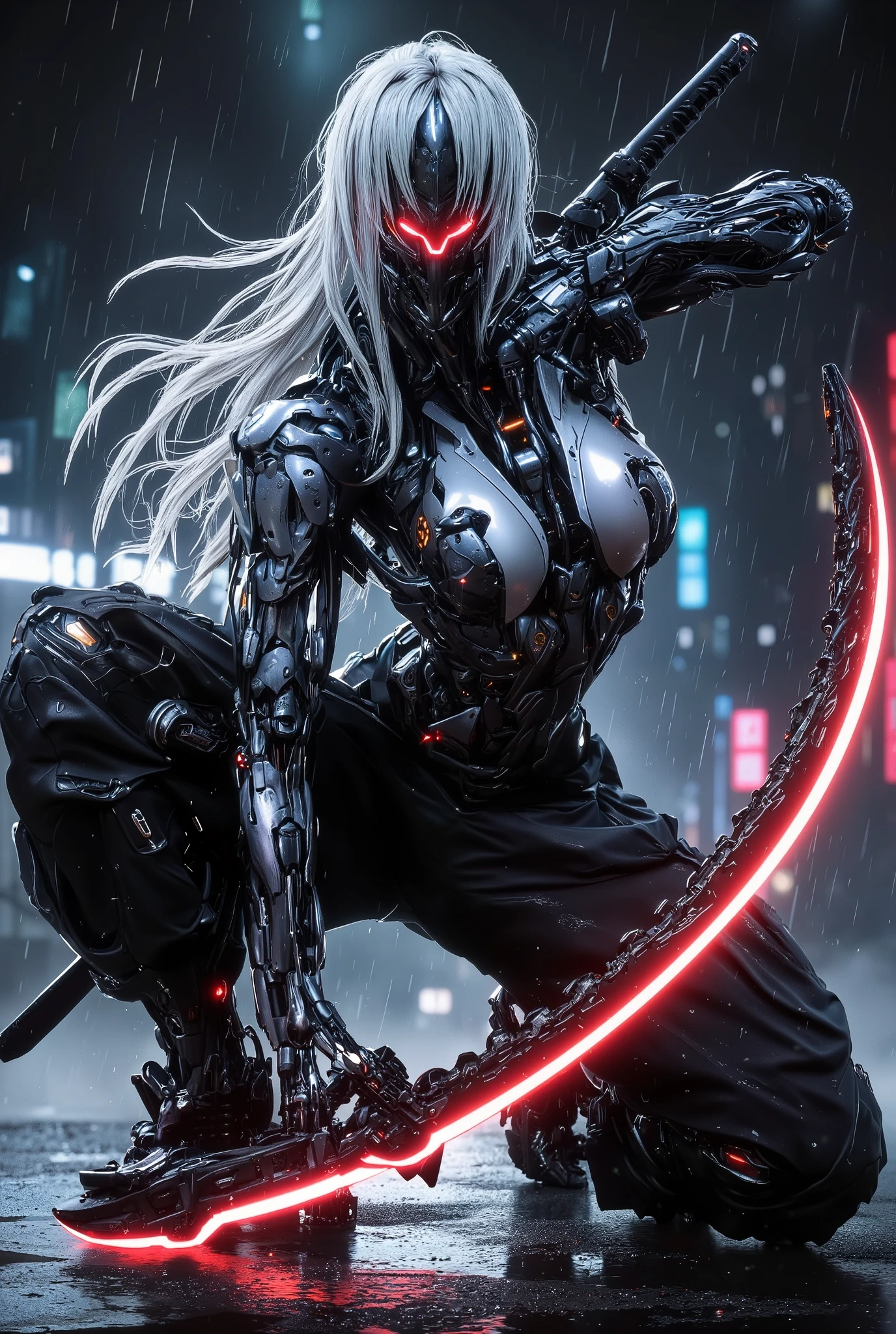 Create an image of a futuristic cybernetic female warrior with long, flowing white hair and glowing red eyes. Big breasts, slim waist, big butts, Beautiful face. The background is on a rain-soaked rooftop in a neon-lit cityscape, holding a katana with a glowing red blade. The character have kneeling position on one leg, holding a sword in one hand and the sword stuck in the ground. The atmosphere is dark and moody, with rain falling and reflecting the lights of the city. The cyborg warrior have sleek, high-tech metal body with intricate details and mechanical enhancements visible. has armor under the chin and half of the face below the mouth. Emphasize a sense of stealth and power in the pose, capturing the essence of a skilled combatant ready to spring into action.