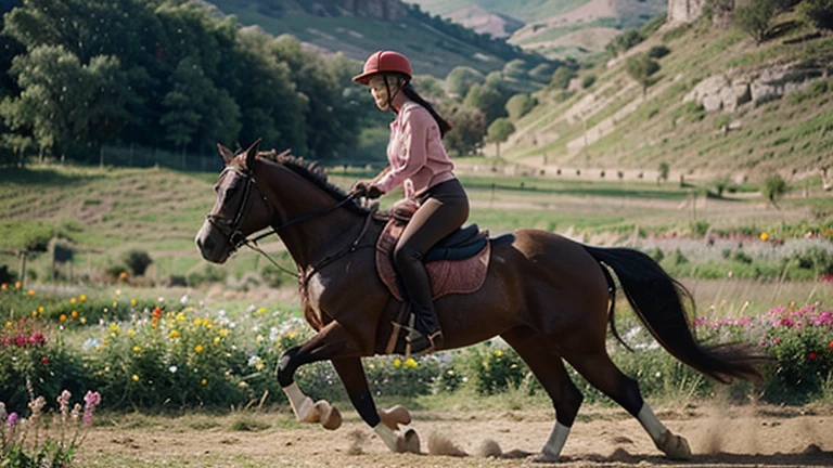 Beautiful sexy turky woman in thin pink clothes riding a red horse in the middle of a valley full of flowers