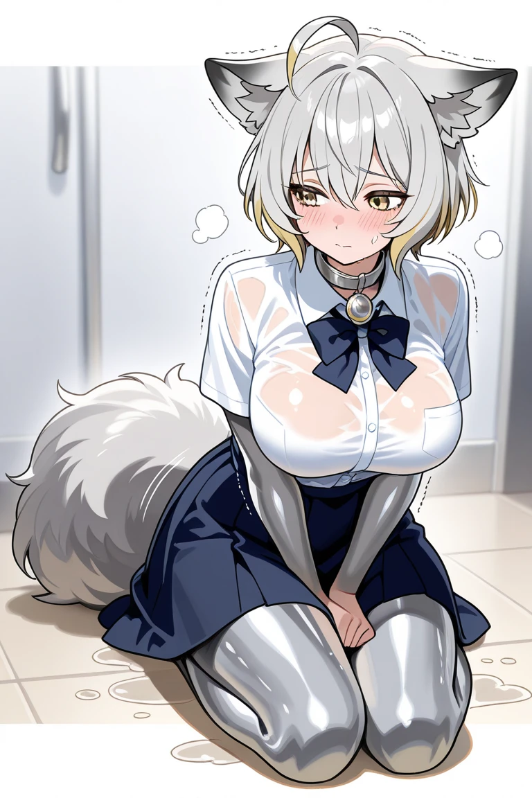 (cute eyes:1.3), (sparkling eyes:1.2), highest quality,wonderful,finely,extremely detailed CG Unity 8K wallpaper, (girl), (white hair, pink eyes, short hair, straight hair, nekomimi, (clothed)), (skinny body:1.3),(huge breasts), (japanese swimwear:1.2), (squatting:1.4), (open legs:1.4), (cum on nipple:1.2),(torn clothes:1.2) (open mouth:1.1), (embarrassed:1.1), (Black knee socks:1.1),(Thighs:1.2),(Waistline:1.2), (from above:1.2)