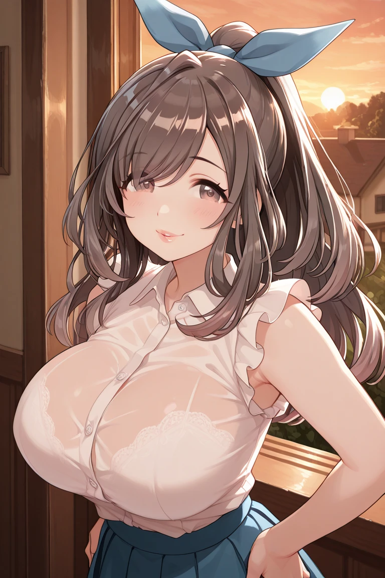 masterpiece,ultra detailed,hyperrealistic1woman,off-the -shoulder short blouse,plain blouse,patterned skirt,medium long skirt,at tokyo,curvy body,medium tied up hair,brown hair,(tareme),mature cheerful woman,green eyes,