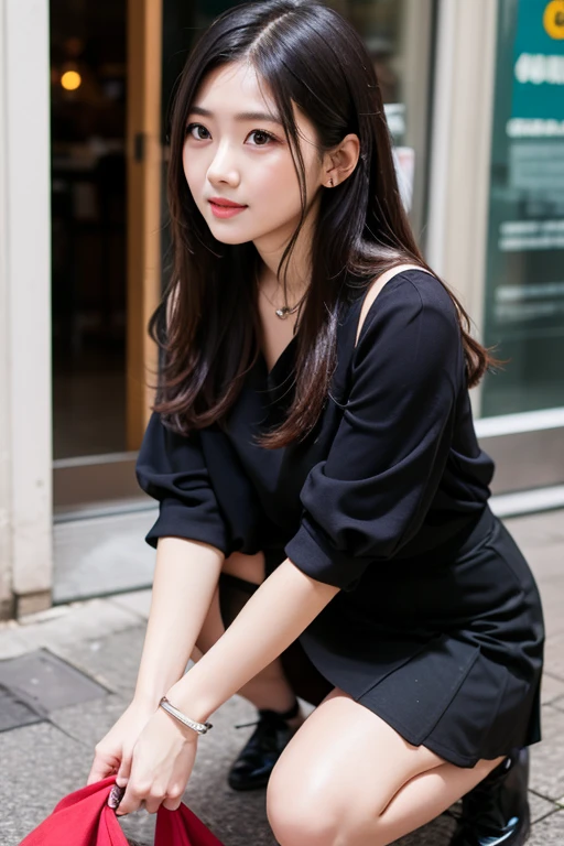 (((masterpiece, highest quality, Super detailed))), 1 female, (((very thin body))) , (((length, thin legs))), (((black straight hair, thick and fluffy bangs ))), (((highly detailed face))),smile, cosmetics free, Small, thin nose, small thin mouth, (((Very sharp focused eyes))), Japanese, beautiful face, (lifelike face), beautiful hairstyle, realistic eyes, fine and beautiful eyes, (real looking skin), beautiful skin, charm, ultra high resolution, surreal, high detail, golden ratio, (detail makeup:1.2),A raincoat with an asymmetrical silhouette,Wearing stylish boots