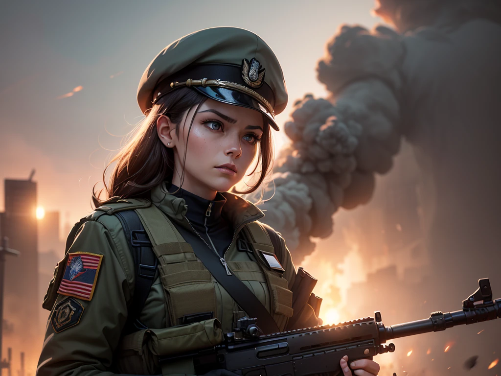 (Highly detailed RAW color Photo:1.2, photorealistic:1, ultra high res:1), (Masterpiece:1, Realistic:1), severely wounded woman, wearing soldier uniform, tactical helmet, bare handed, serious mood, Explosion around, war background, (extremely detailed 64k wallpaper), rim light, sun ray