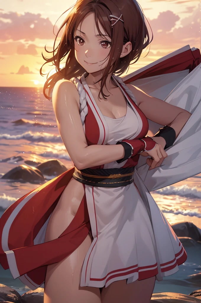 (best quality,4k,8k,highres,masterpiece:1.2), solo,ultra-detailed, sunset , random pose, takami chika,  slightly smile, Blushing, thighs, cowboy shot, hair ornament, sea in background,wet,kunoichi dress, short hair, energetic smile, open mouth