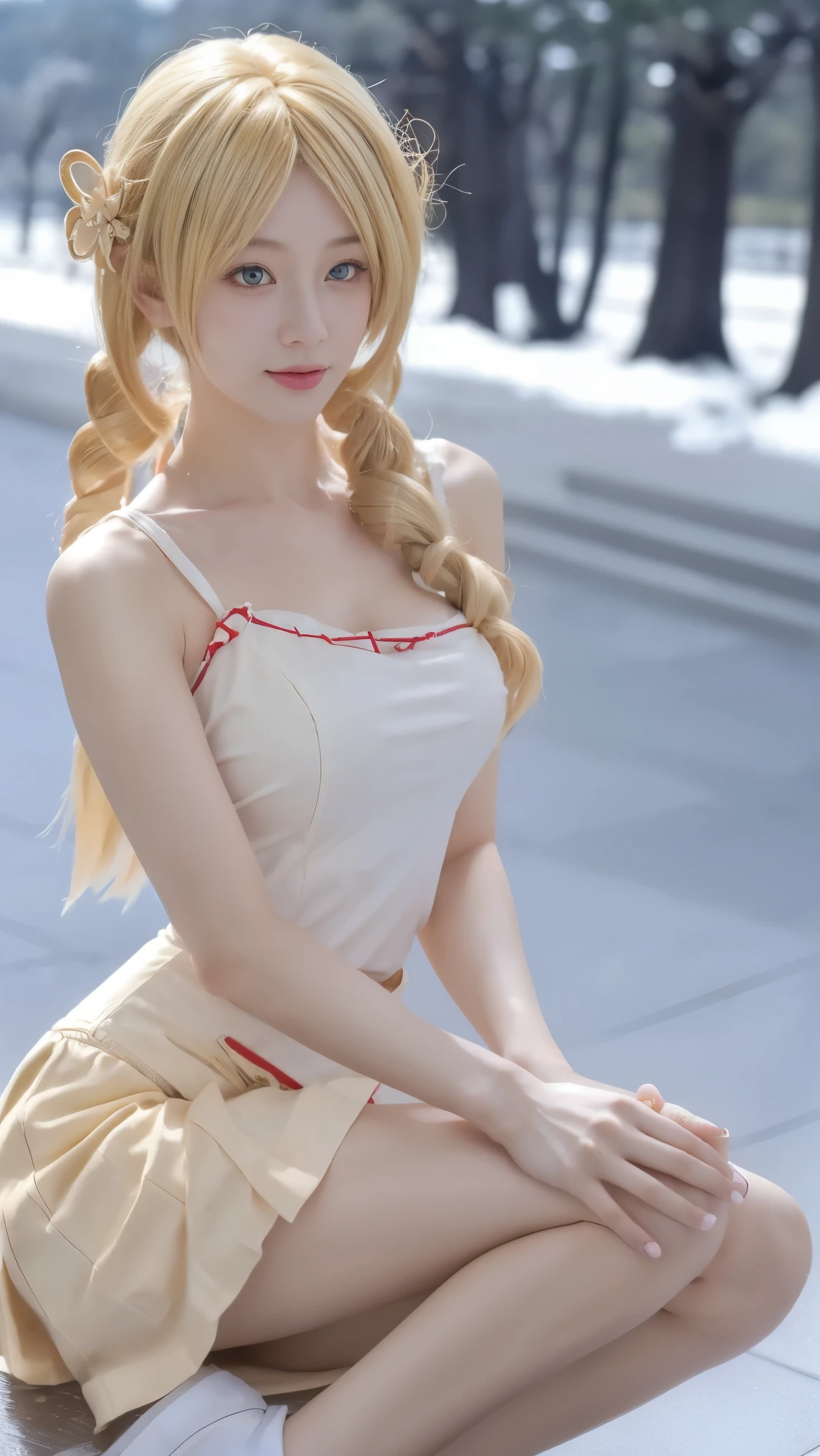 Tomoe Mami, 见泷原 ,blond, double drill, Hair accessories, ((cowboy shot)), ((Bare shoulders)), ((Short skirt, Sexy long legs)), ((Elegant and charming posture, RANDOM VIEW )), realistic detailed photo of a giant breasted girl with exposed shoulders, Delicate Fingers, high quality skin, red eyes, Alone in a misty winter scene, wind, and long flowing hair , (best quality,4K, 8,000,high resolution, masterpiece:1.2),super detailed,(realistic,photorealistic,photo-realistic:1.37),Studio Lighting,Bright colors