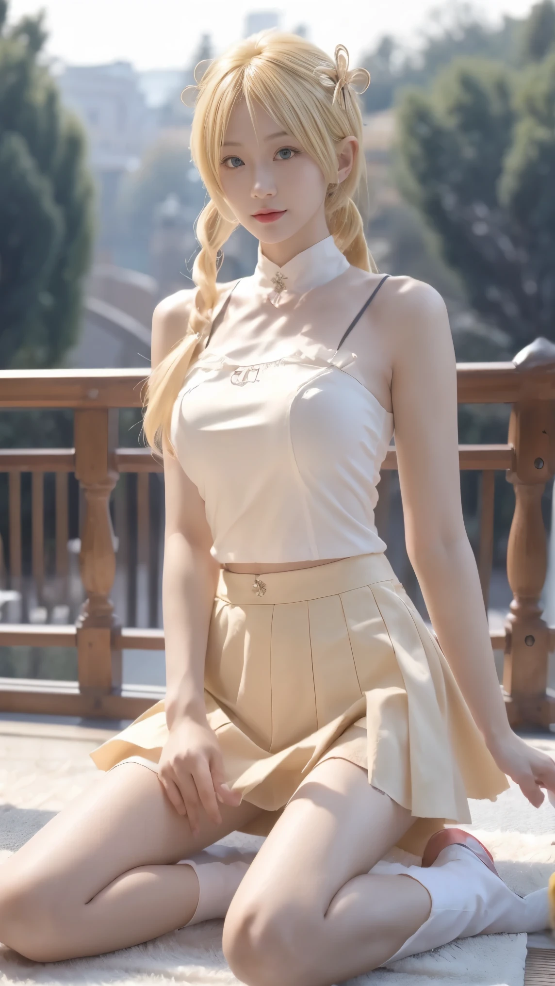 Tomoe Mami, 见泷原 ,blond, double drill, Hair accessories, ((cowboy shot)), ((Bare shoulders)), ((Short skirt, Sexy long legs)), ((Elegant and charming posture, RANDOM VIEW )), realistic detailed photo of a giant breasted girl with exposed shoulders, Delicate Fingers, high quality skin, red eyes, Alone in a misty winter scene, wind, and long flowing hair , (best quality,4K, 8,000,high resolution, masterpiece:1.2),super detailed,(realistic,photorealistic,photo-realistic:1.37),Studio Lighting,Bright colors
