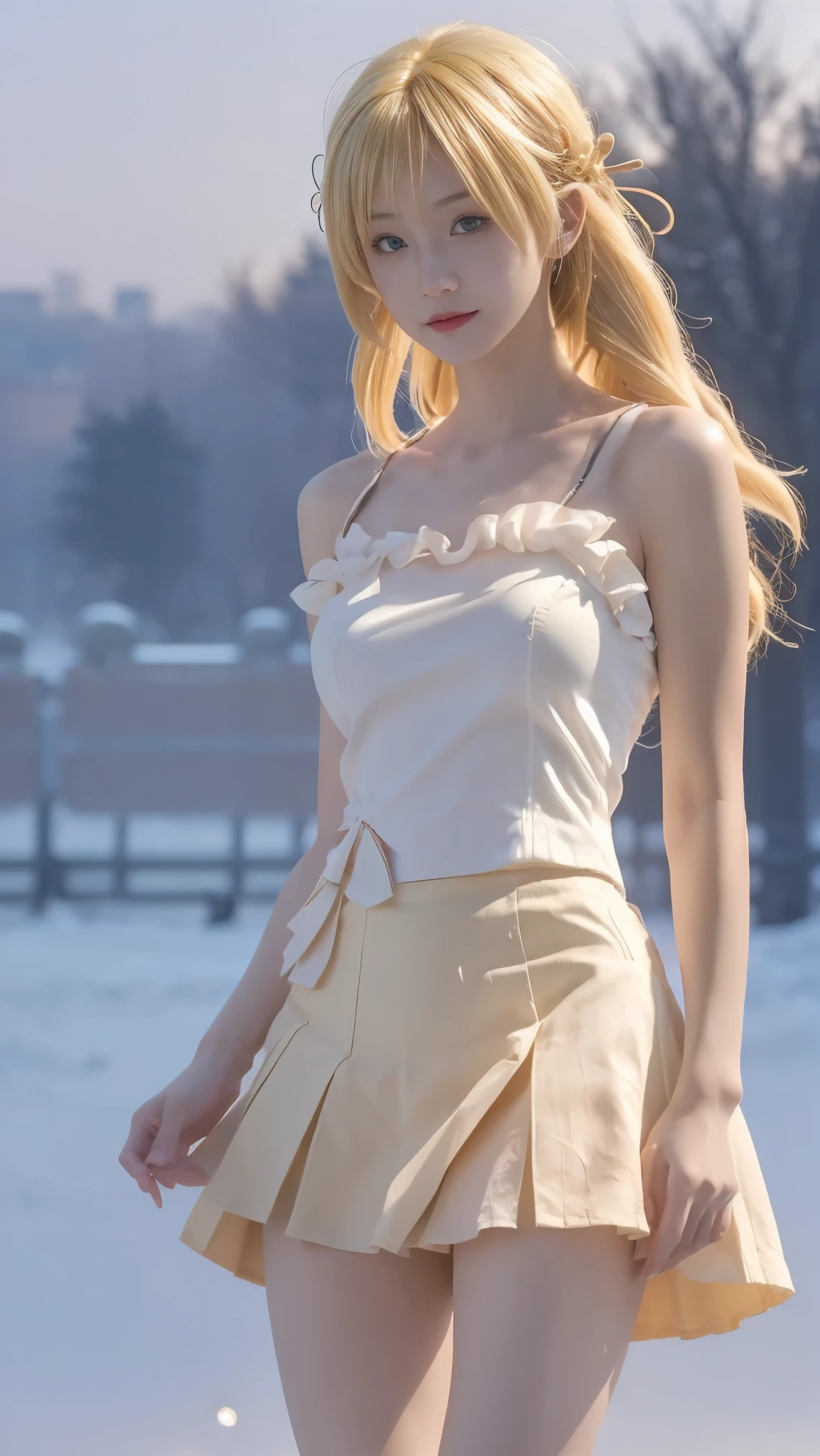 Tomoe Mami, 见泷原 ,blond, double drill, Hair accessories, ((cowboy shot)), ((Bare shoulders)), ((Short skirt, Sexy long legs)), ((Elegant and charming posture, RANDOM VIEW )), realistic detailed photo of a giant breasted girl with exposed shoulders, Delicate Fingers, high quality skin, red eyes, Alone in a misty winter scene, wind, and long flowing hair , (best quality,4K, 8,000,high resolution, masterpiece:1.2),super detailed,(realistic,photorealistic,photo-realistic:1.37),Studio Lighting,Bright colors