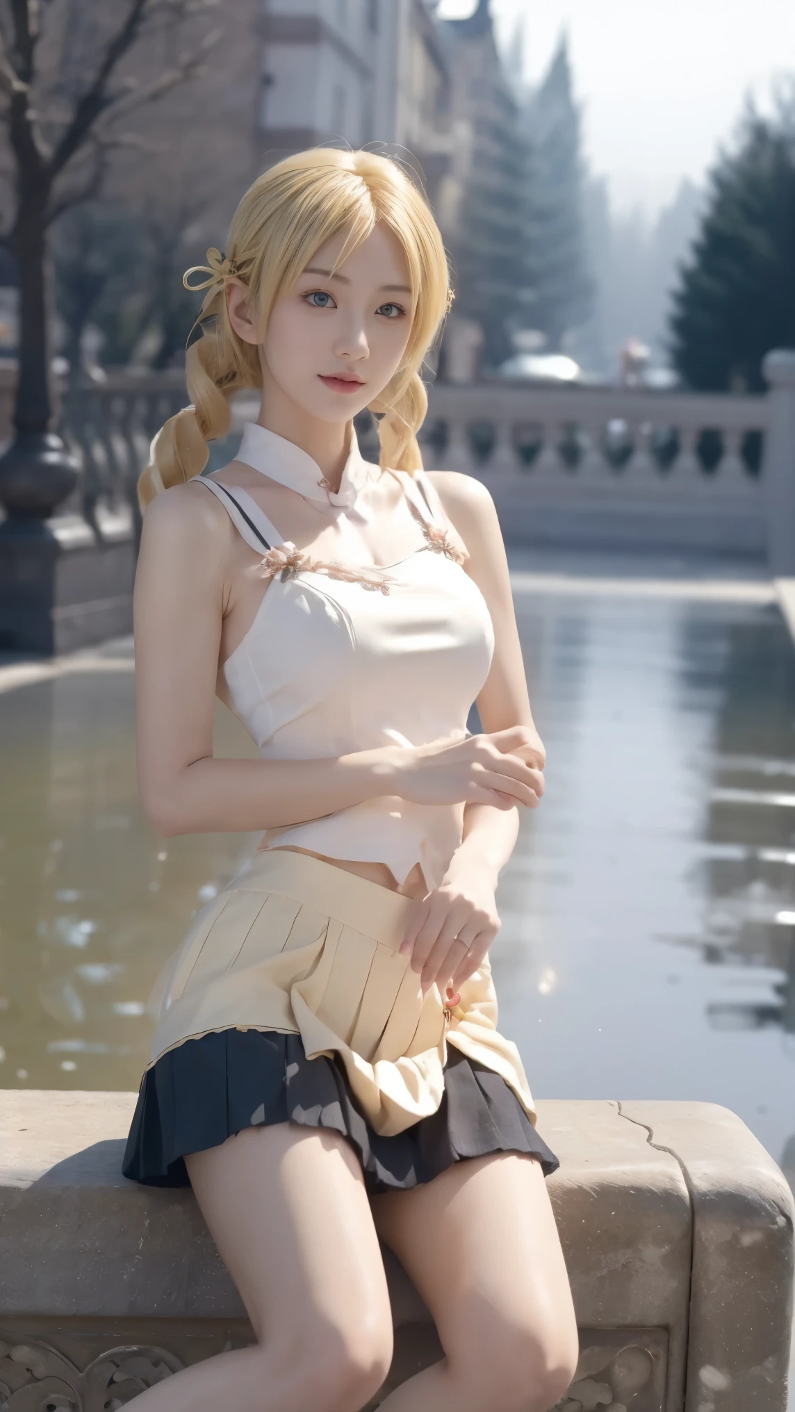 Tomoe Mami, 见泷原 ,blond, double drill, Hair accessories, ((cowboy shot)), ((Bare shoulders)), ((Short skirt, Sexy long legs)), ((Elegant and charming posture, RANDOM VIEW )), realistic detailed photo of a giant breasted girl with exposed shoulders, Delicate Fingers, high quality skin, red eyes, Alone in a misty winter scene, wind, and long flowing hair , (best quality,4K, 8,000,high resolution, masterpiece:1.2),super detailed,(realistic,photorealistic,photo-realistic:1.37),Studio Lighting,Bright colors