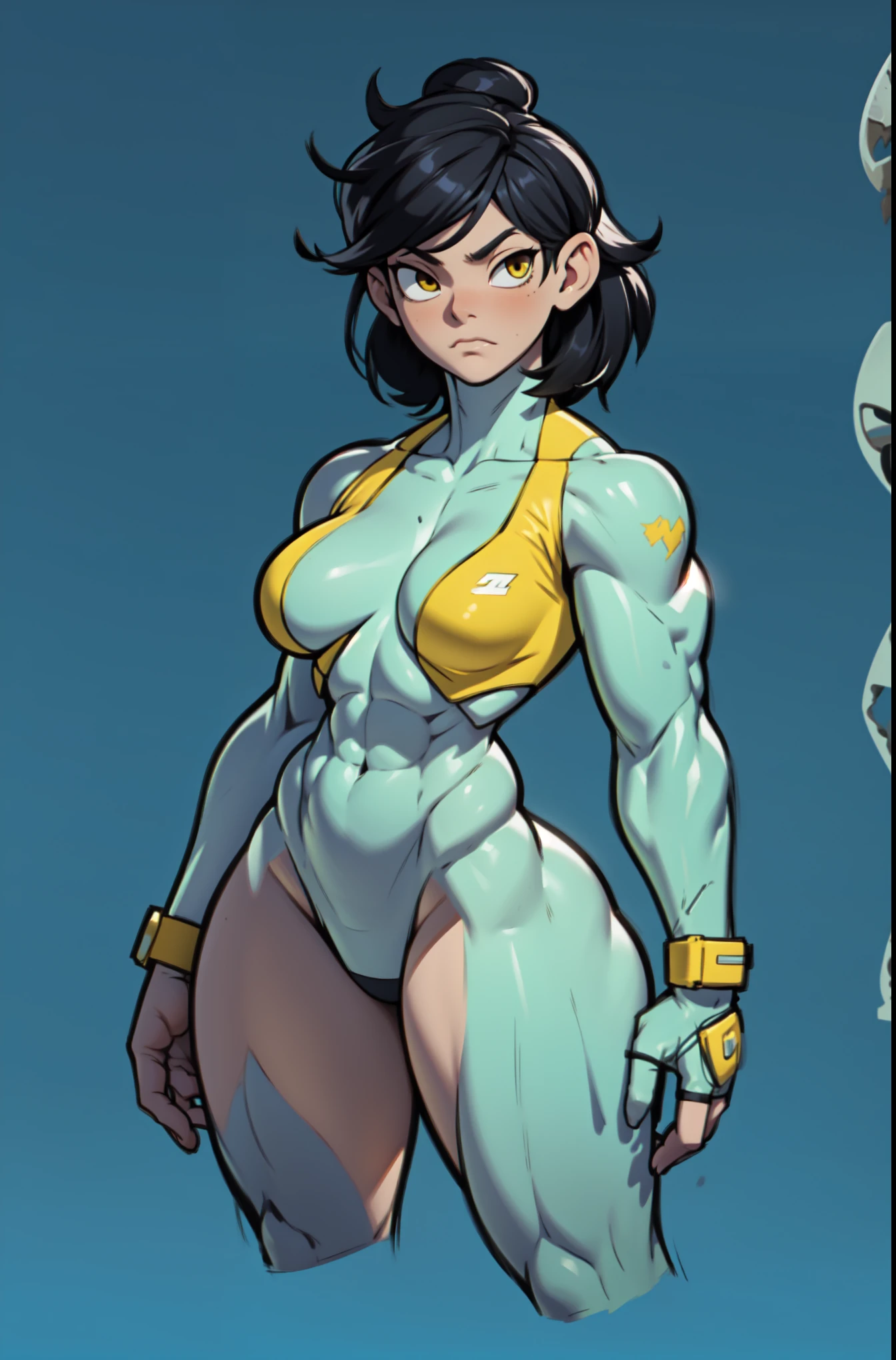 girl, small breasts, thin, megaman, gets scared, megaman x, embarrassed, shy, hot, soft or colored lips, simple background, perfect hands, perfect anatomy, leans forward, forced perspectiv