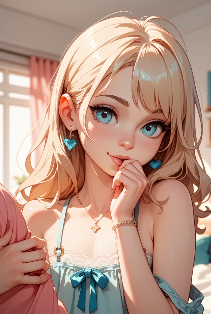 absurderes, ultra-detailliert,bright colour, extremely beautiful detailed anime face and eyes,top-quality、masutepiece、(Stylish bedroom in the morning),(Sexy smile:1.4)、(put out the tongue:1.5)、pink bra、a blond(Forehead:1.3)、Straight hair、(Fluffy pajamas:1.3)、on the beds、laying on back、slender white body、(Put your hands on your chest:1.4)、(medium breasts:1.2)、(Deep Blue Eyes:1.4)、Blushing、Small necklace,Light coming through the window