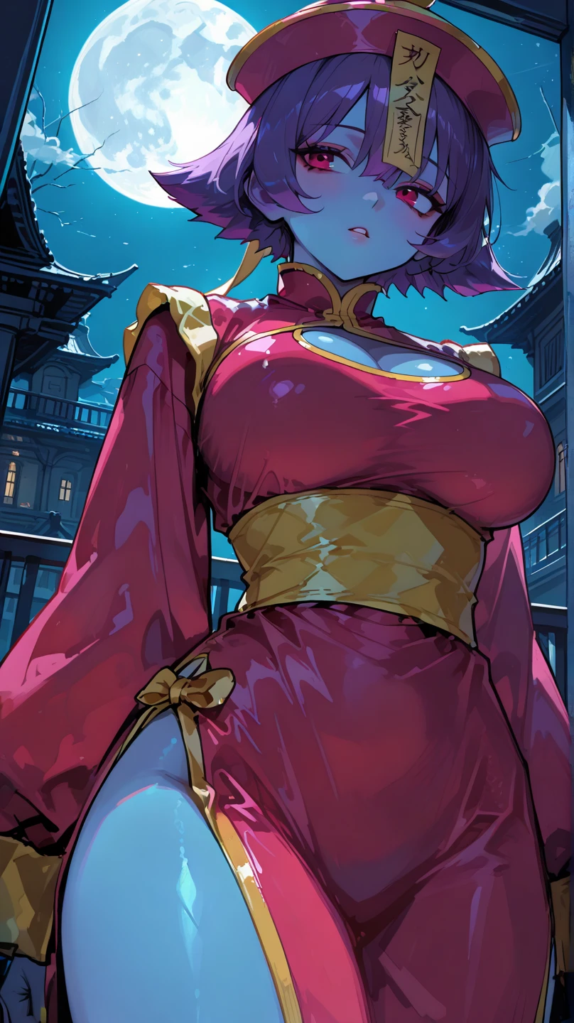 straight-on,pose,looking at viewer,solo, BREAK, GAME_lei_lei_ownwaifu, www.ownwaifu.com, lei lei, colored skin, short hair, blue skin, , flipped hair, , red eyes, purple hair, hair between eyes, blush, hat, jiangshi, chinese clothes, cleavage cutout, ofuda, cleavage, blush stickers, pants, pink headwear, dress, zombie, long sleeves, sash, wide sleeves, pink dress, sleeves past wrists, china dress, yellow sash, BREAK, official art, highres, scenery, (masterpiece:1.1), (best quality,:1.1), (high quality:1.1), (anime screencap:1.2),