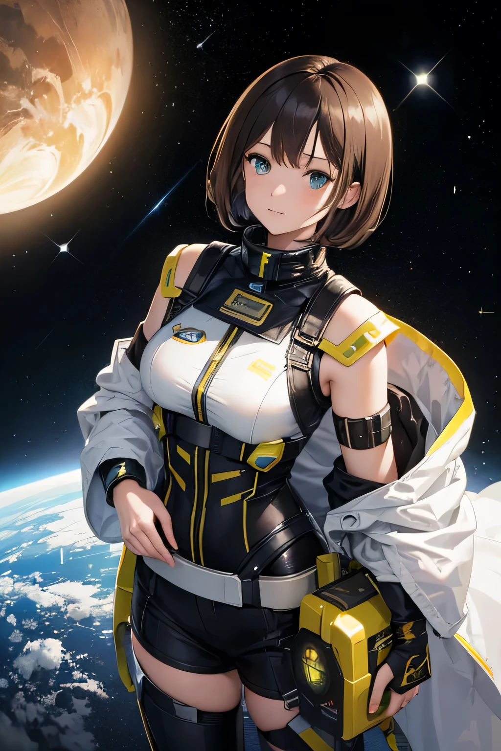 Space ship, captain future, comet, extremely fine and beautiful design, illustration, masterpiece,best quality, high resolution, 8k, sf,space fantasy, extremely beautiful and fain design, extremely fine and beautiful colors, An anime girl with shoulder-length green short hair and warm brown eyes, dressed in a sleek, black-and-yellow space pilot suit with metallic patches on her shoulders. background a planet with visible Universe Galaxy,space fantasy, comet,