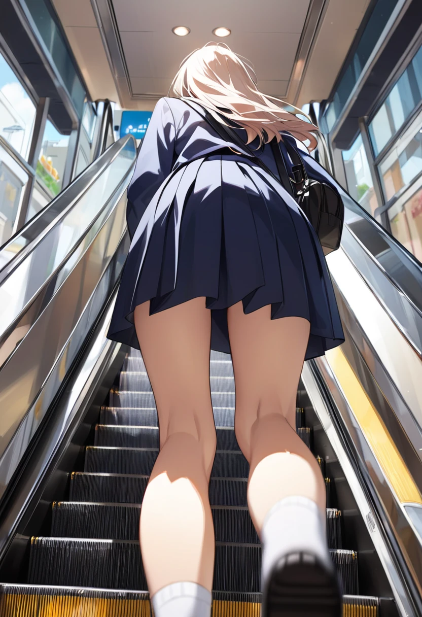 High school girl in the back、On the way to school、Take the escalator、High 、from behind, from below、Close-up