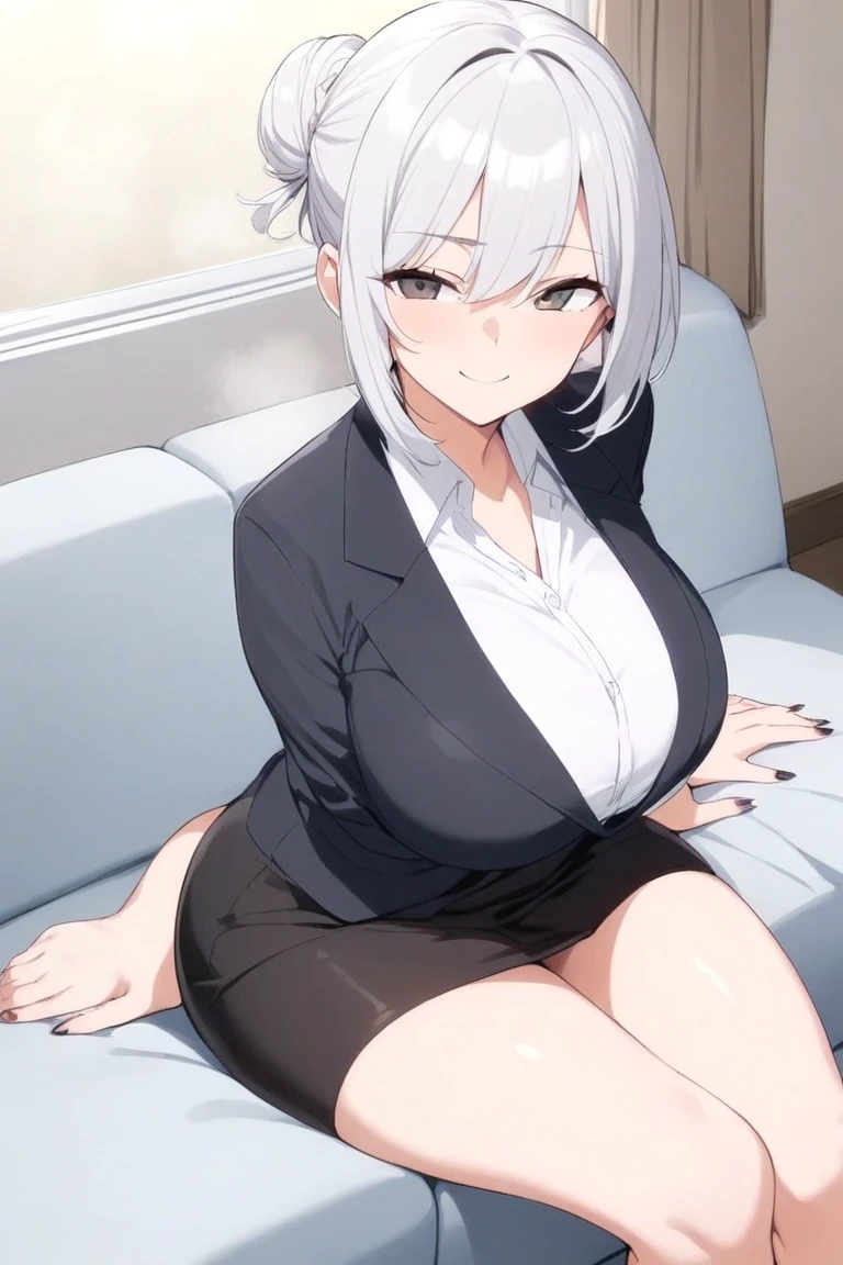 Obra maestra, la mejor calidad, Anime illustration of an anime milf with gray hair and white eyes and she is wearing an office suit with a very tight tie and she is in the living room of a house and she has a serious and angry look 